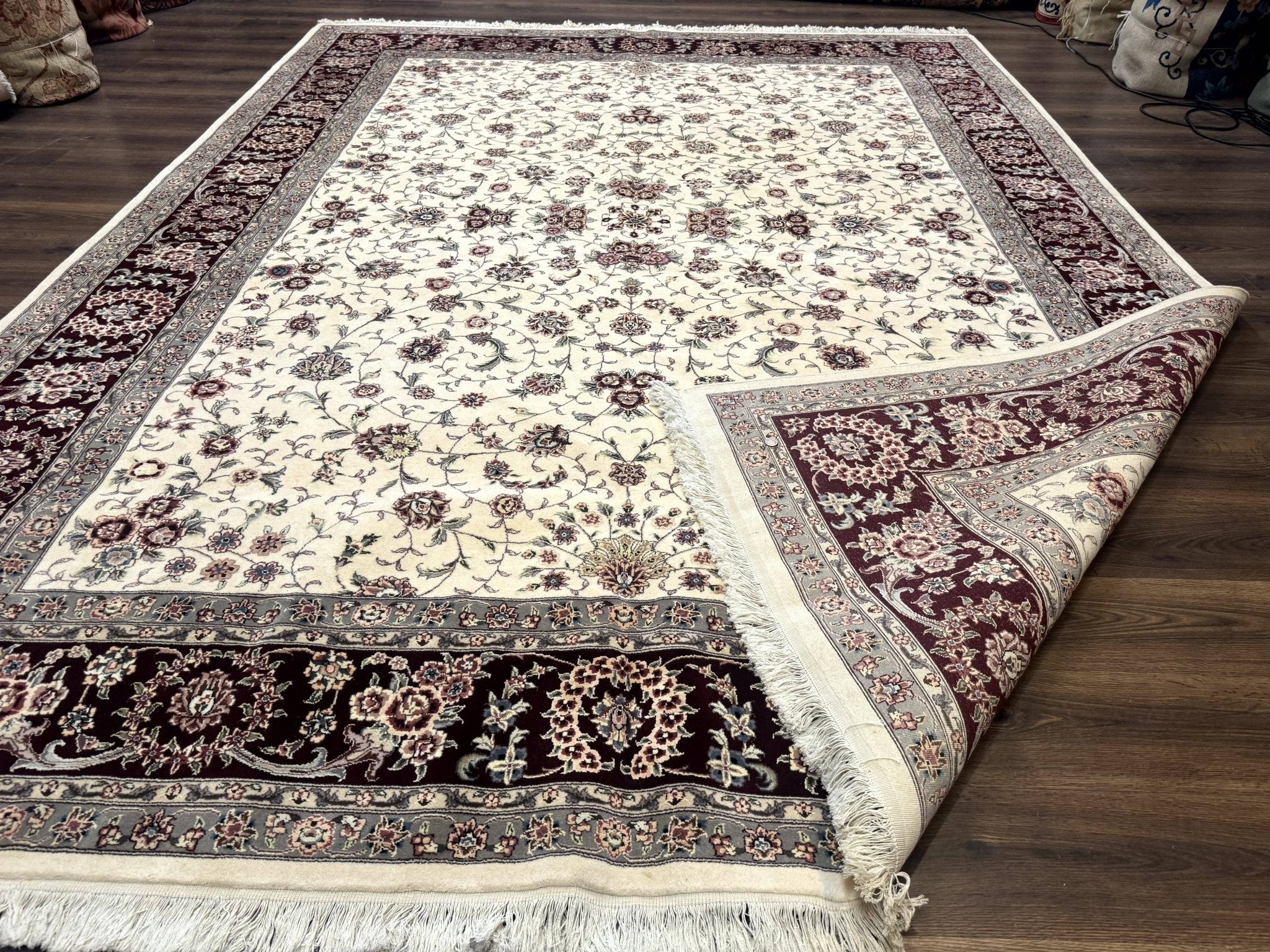 Sino Persian Rug 9x12, Floral Allover Design, 170 KPSI, Ivory and Dark Maroon - Jewel RugsShopify CollectiveHUNTEDFOX - Sino Persian Rug 9x12, Floral Allover Design, 170 KPSI, Ivory and Dark Maroon