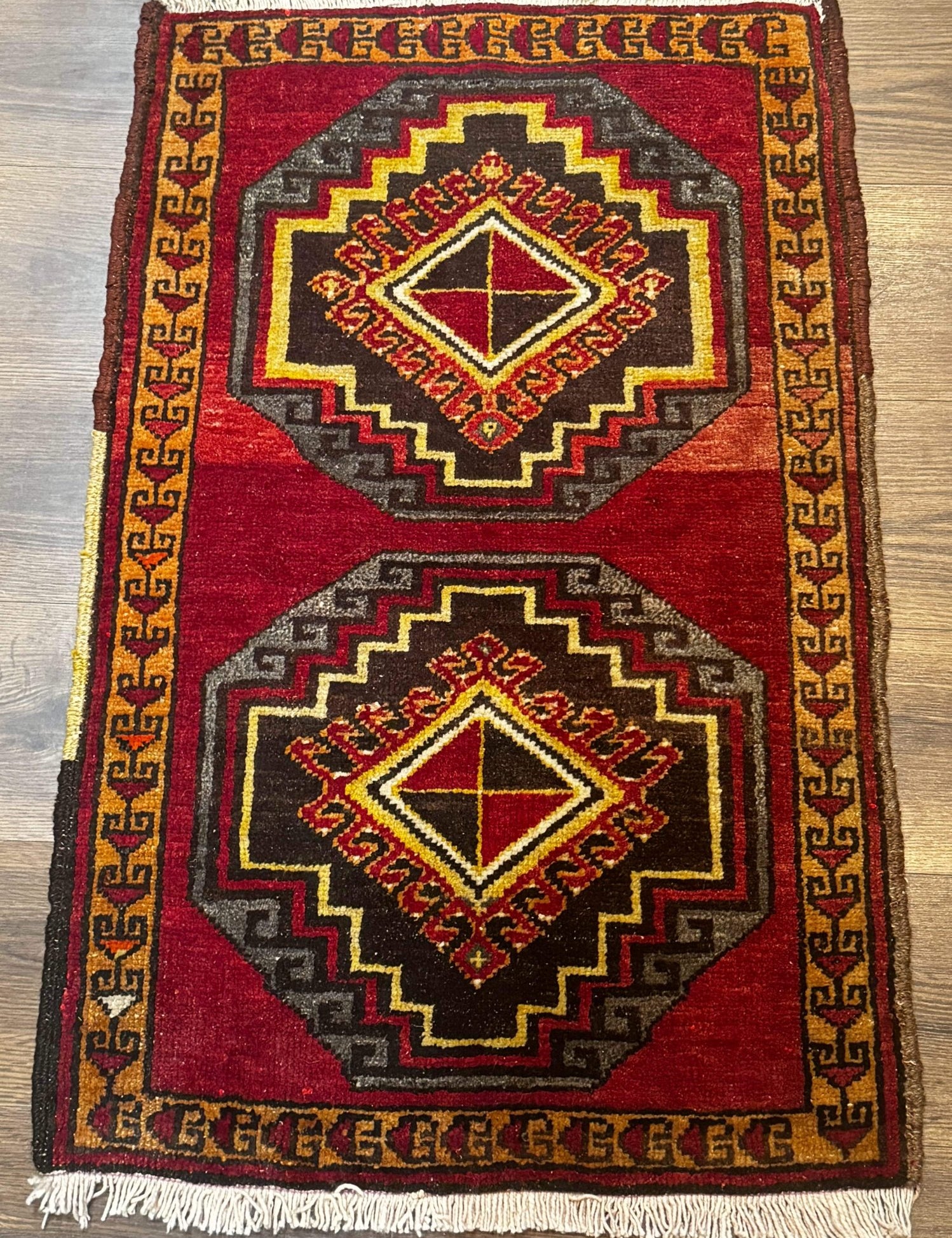 Small Antique Turkish Yastik Rug 2x3, Double Medallions, Geometric, Red, Wool - Jewel RugsShopify CollectiveHUNTEDFOX - Small Antique Turkish Yastik Rug 2x3, Double Medallions, Geometric, Red, Wool