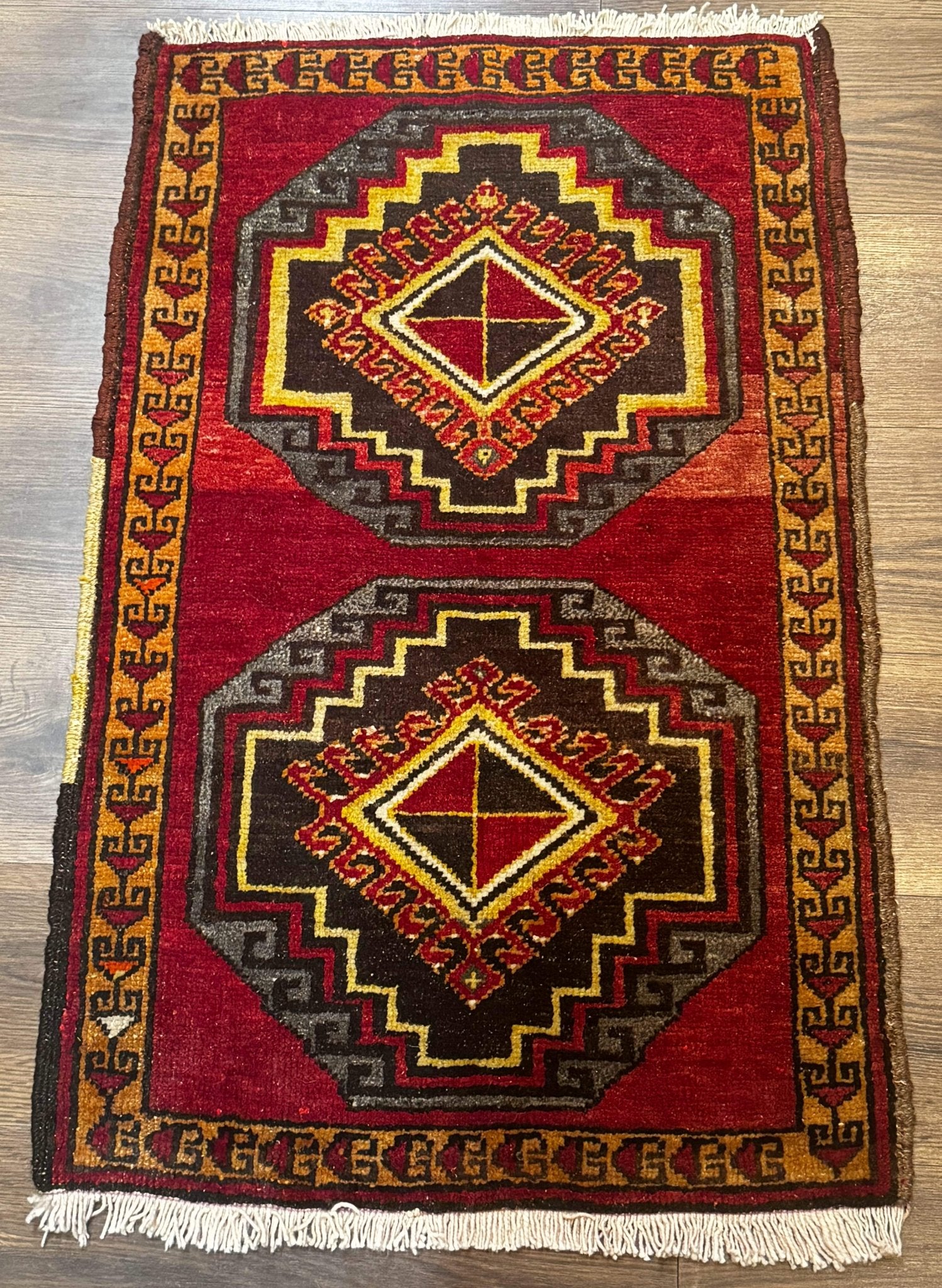 Small Antique Turkish Yastik Rug 2x3, Double Medallions, Geometric, Red, Wool - Jewel RugsShopify CollectiveHUNTEDFOX - Small Antique Turkish Yastik Rug 2x3, Double Medallions, Geometric, Red, Wool