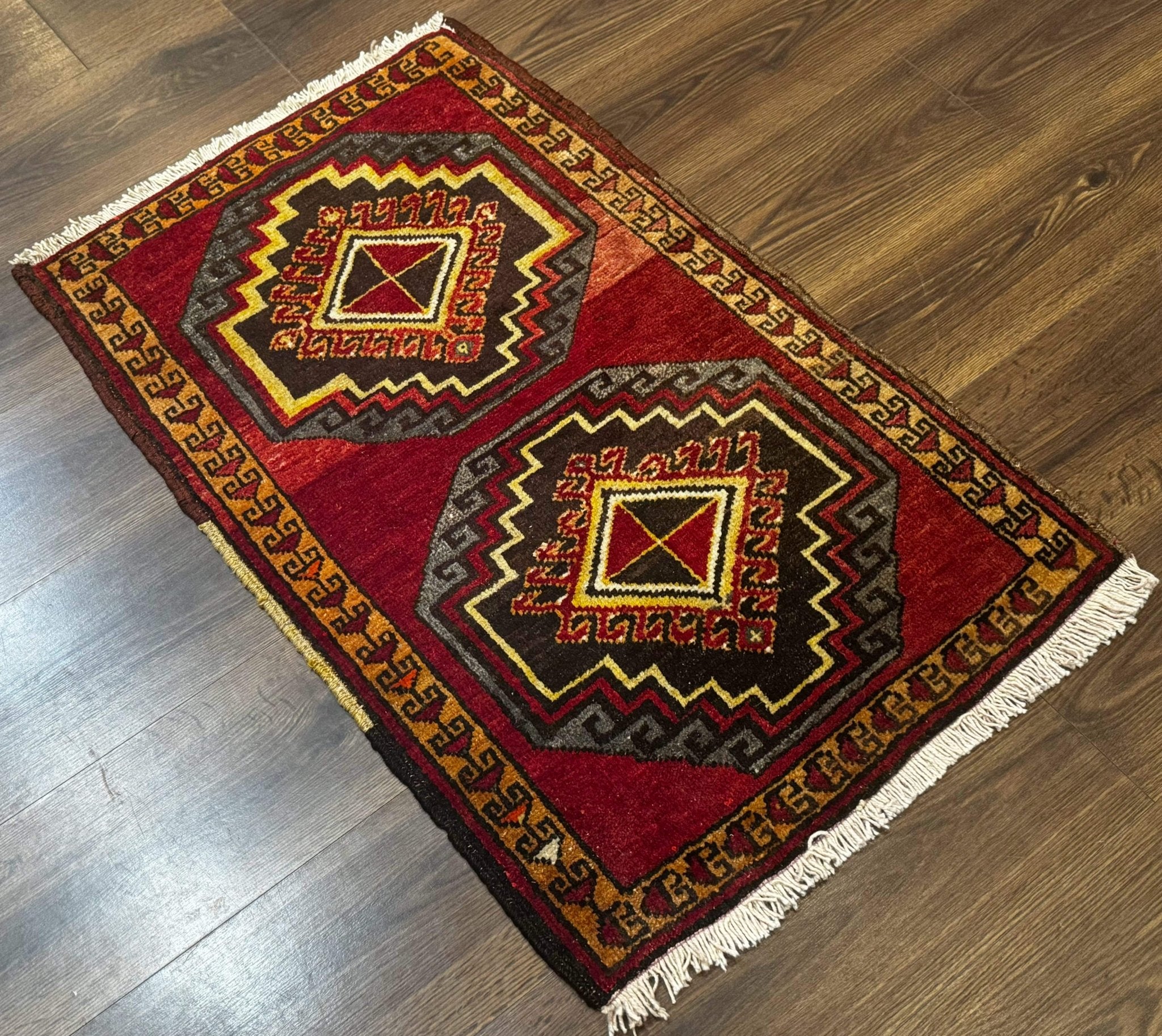 Small Antique Turkish Yastik Rug 2x3, Double Medallions, Geometric, Red, Wool - Jewel RugsShopify CollectiveHUNTEDFOX - Small Antique Turkish Yastik Rug 2x3, Double Medallions, Geometric, Red, Wool