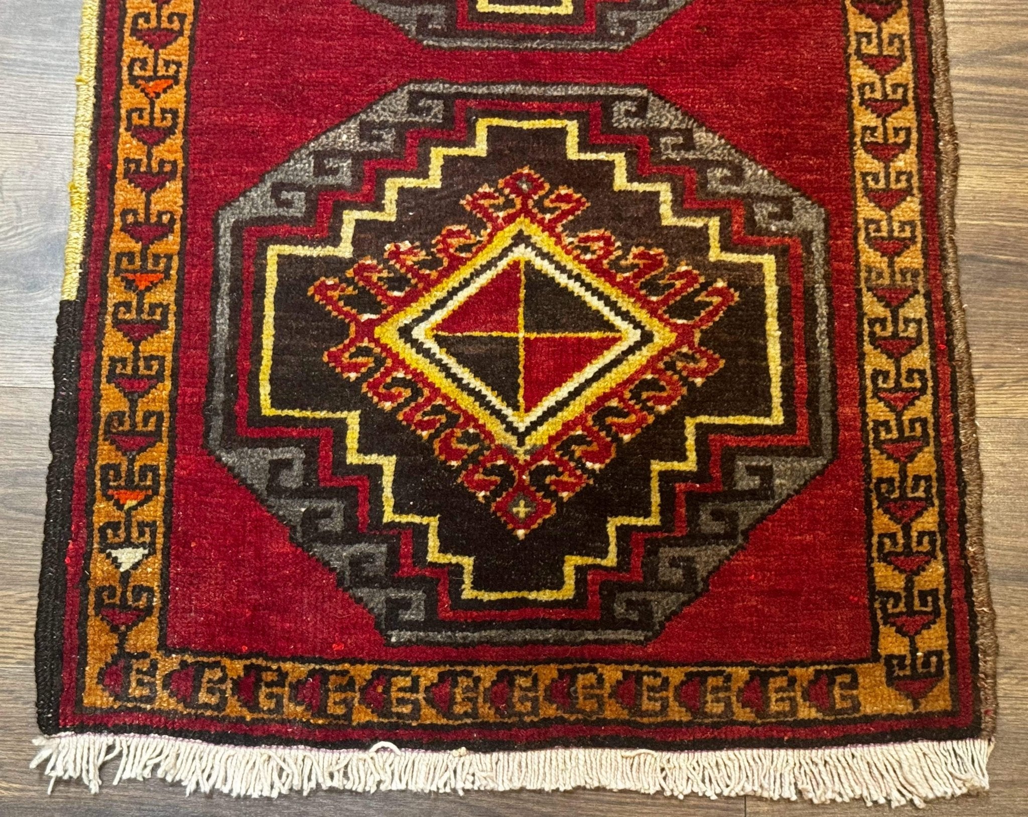 Small Antique Turkish Yastik Rug 2x3, Double Medallions, Geometric, Red, Wool - Jewel RugsShopify CollectiveHUNTEDFOX - Small Antique Turkish Yastik Rug 2x3, Double Medallions, Geometric, Red, Wool