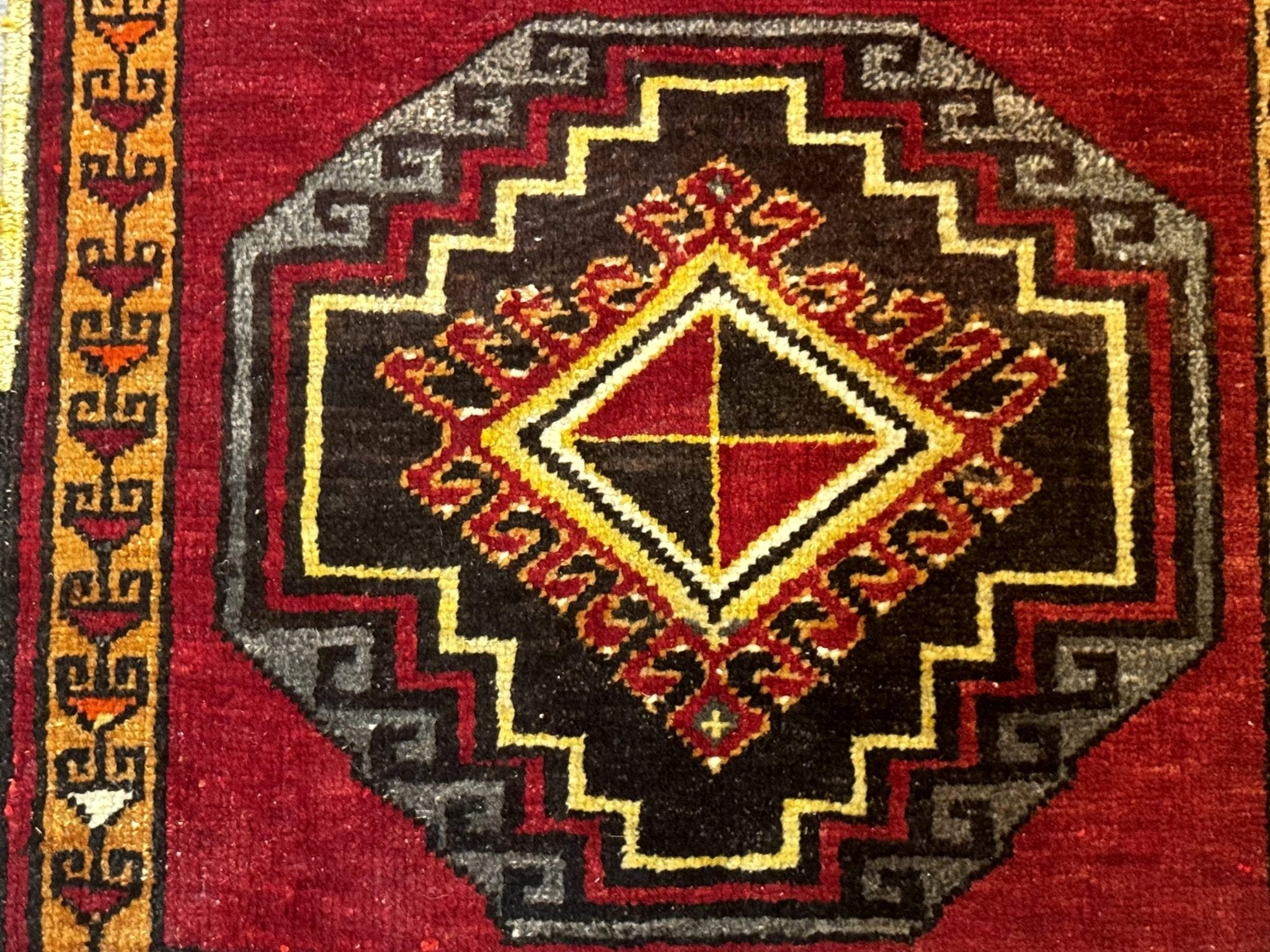 Small Antique Turkish Yastik Rug 2x3, Double Medallions, Geometric, Red, Wool - Jewel RugsShopify CollectiveHUNTEDFOX - Small Antique Turkish Yastik Rug 2x3, Double Medallions, Geometric, Red, Wool