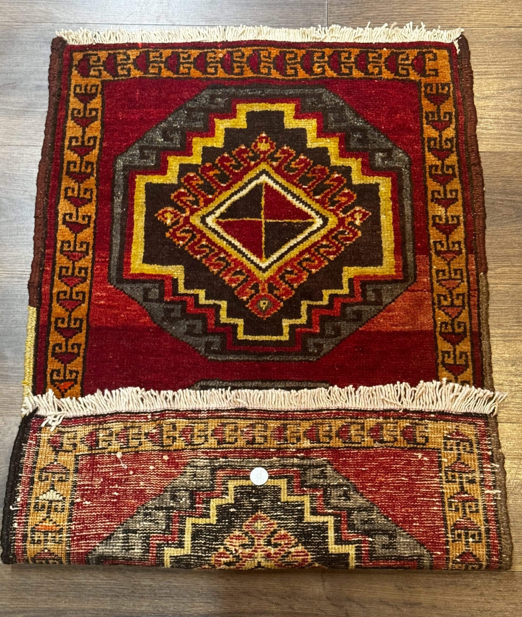Small Antique Turkish Yastik Rug 2x3, Double Medallions, Geometric, Red, Wool - Jewel RugsShopify CollectiveHUNTEDFOX - Small Antique Turkish Yastik Rug 2x3, Double Medallions, Geometric, Red, Wool