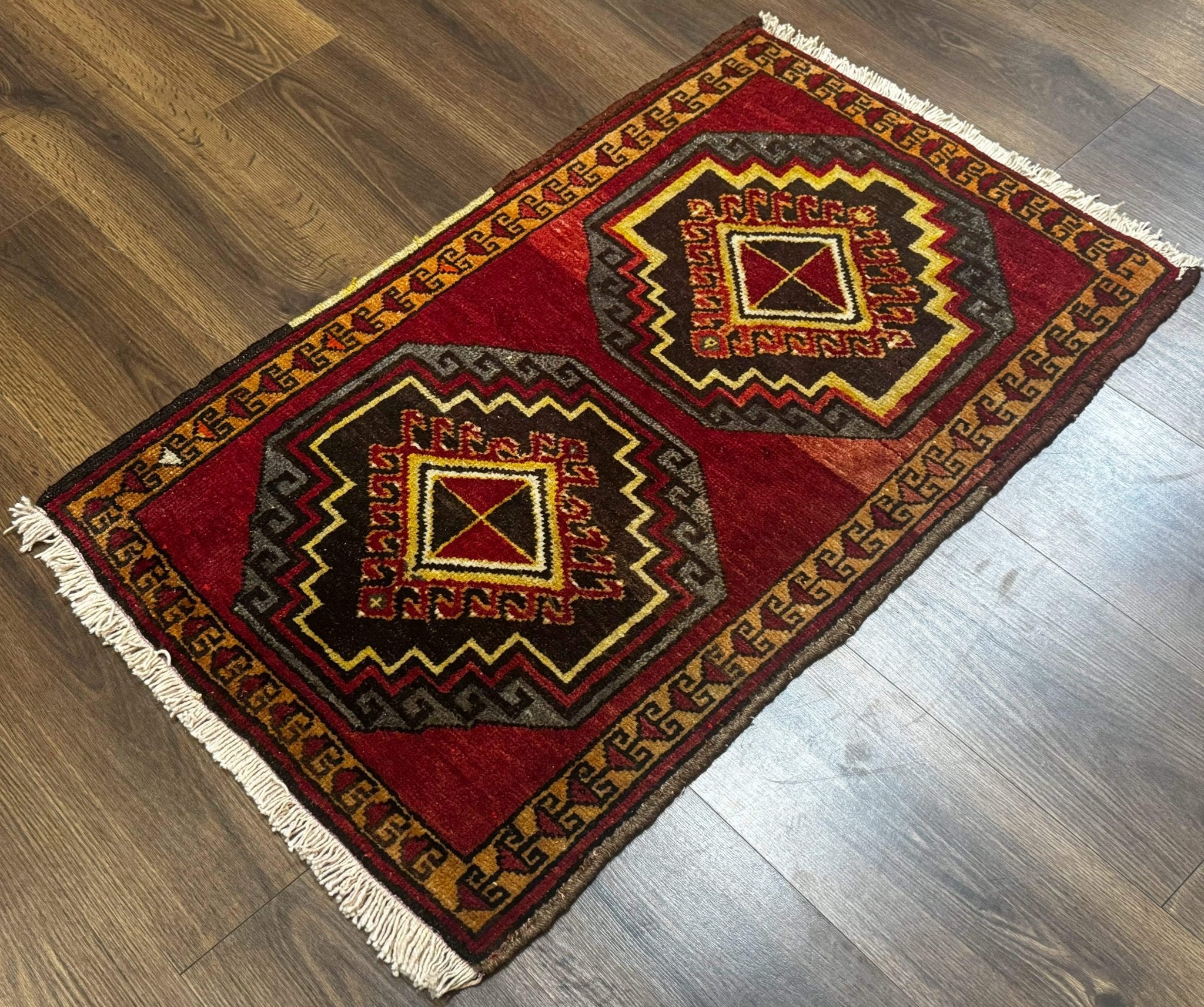 Small Antique Turkish Yastik Rug 2x3, Double Medallions, Geometric, Red, Wool - Jewel RugsShopify CollectiveHUNTEDFOX - Small Antique Turkish Yastik Rug 2x3, Double Medallions, Geometric, Red, Wool