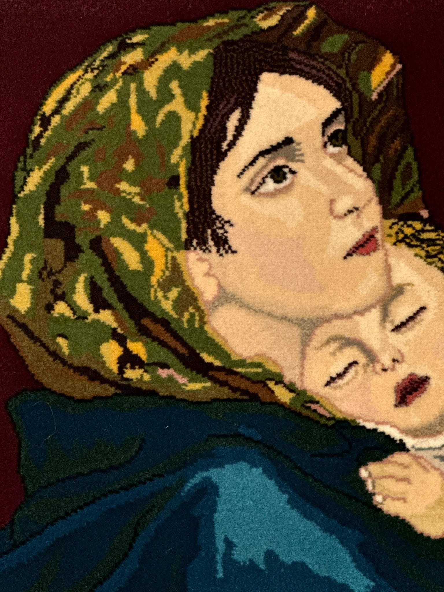 Small Persian Tabriz Pictorial Rug 2x2, Mother Holding Child, Very Fine 340 KPSI, Maroon - Jewel RugsShopify CollectiveHUNTEDFOX - Small Persian Tabriz Pictorial Rug 2x2, Mother Holding Child, Very Fine 340 KPSI, Maroon