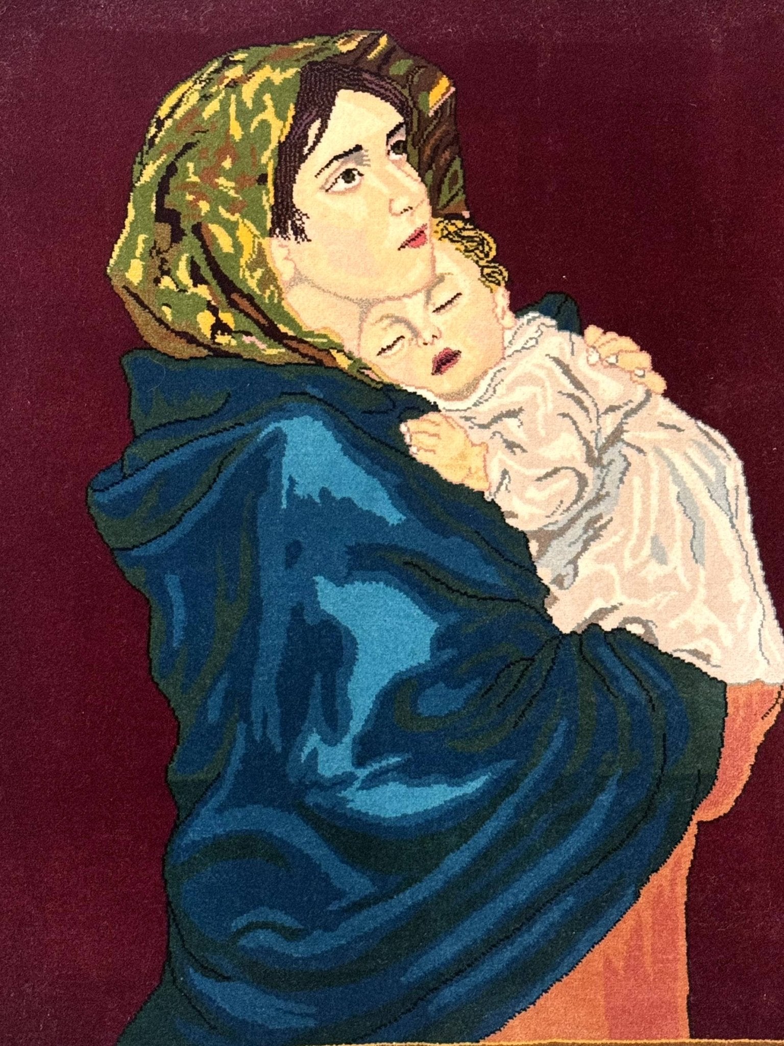 Small Persian Tabriz Pictorial Rug 2x2, Mother Holding Child, Very Fine 340 KPSI, Maroon - Jewel RugsShopify CollectiveHUNTEDFOX - Small Persian Tabriz Pictorial Rug 2x2, Mother Holding Child, Very Fine 340 KPSI, Maroon