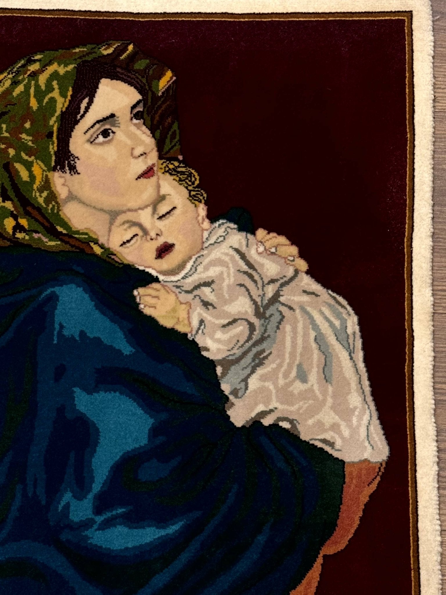 Small Persian Tabriz Pictorial Rug 2x2, Mother Holding Child, Very Fine 340 KPSI, Maroon - Jewel RugsShopify CollectiveHUNTEDFOX - Small Persian Tabriz Pictorial Rug 2x2, Mother Holding Child, Very Fine 340 KPSI, Maroon