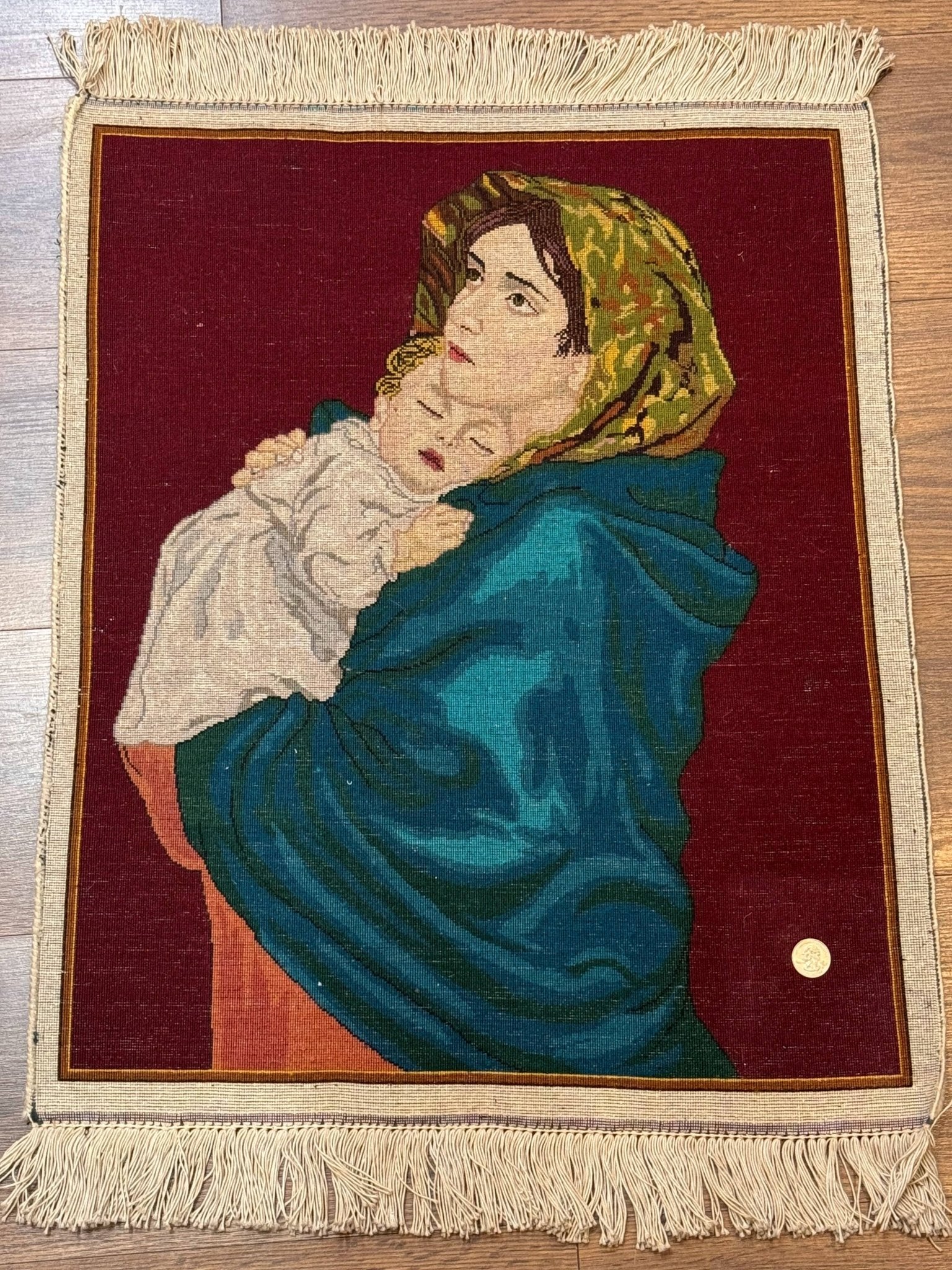Small Persian Tabriz Pictorial Rug 2x2, Mother Holding Child, Very Fine 340 KPSI, Maroon - Jewel RugsShopify CollectiveHUNTEDFOX - Small Persian Tabriz Pictorial Rug 2x2, Mother Holding Child, Very Fine 340 KPSI, Maroon