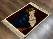 Small Persian Tabriz Pictorial Rug 2x2, Mother Holding Child, Very Fine 340 KPSI, Maroon - Jewel RugsShopify CollectiveHUNTEDFOX - Small Persian Tabriz Pictorial Rug 2x2, Mother Holding Child, Very Fine 340 KPSI, Maroon