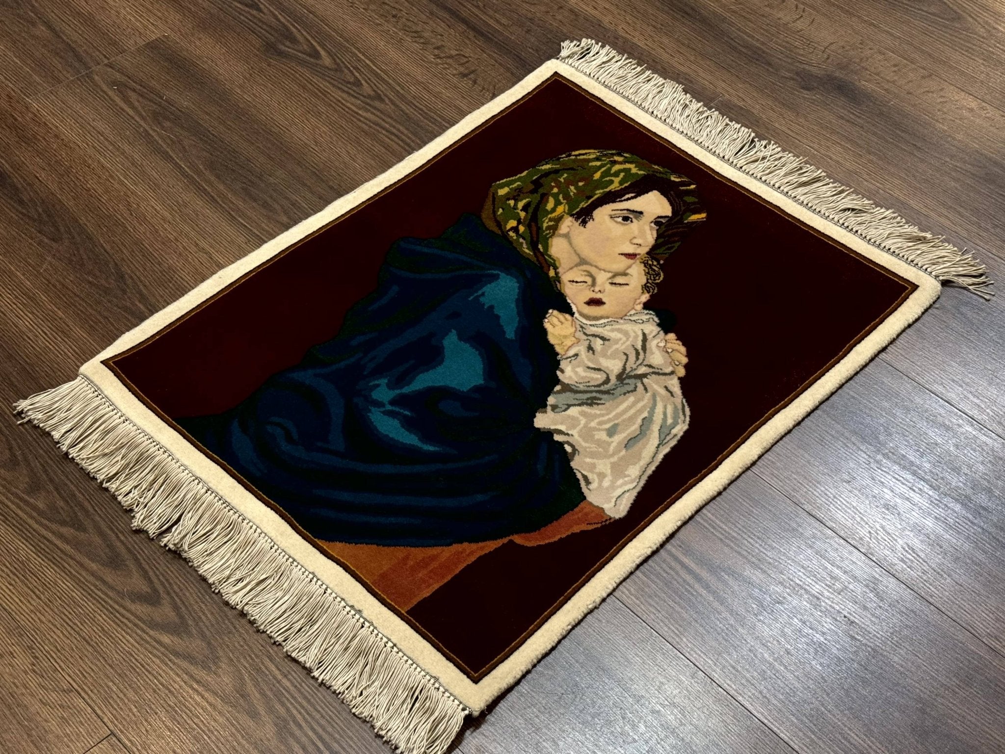 Small Persian Tabriz Pictorial Rug 2x2, Mother Holding Child, Very Fine 340 KPSI, Maroon - Jewel RugsShopify CollectiveHUNTEDFOX - Small Persian Tabriz Pictorial Rug 2x2, Mother Holding Child, Very Fine 340 KPSI, Maroon