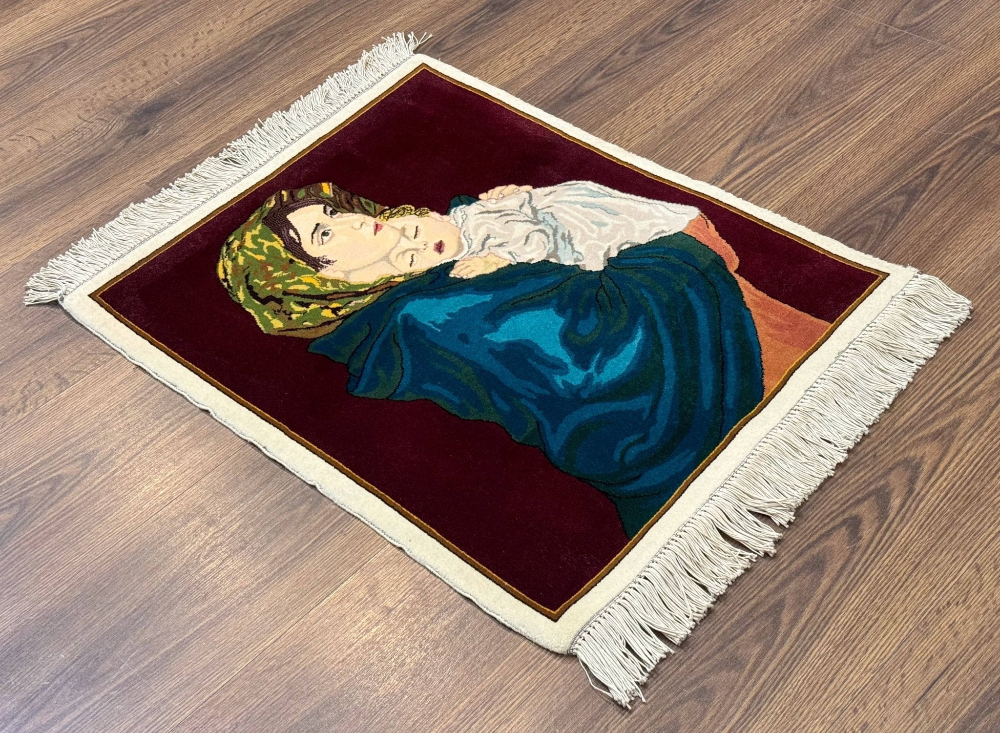 Small Persian Tabriz Pictorial Rug 2x2, Mother Holding Child, Very Fine 340 KPSI, Maroon - Jewel RugsShopify CollectiveHUNTEDFOX - Small Persian Tabriz Pictorial Rug 2x2, Mother Holding Child, Very Fine 340 KPSI, Maroon