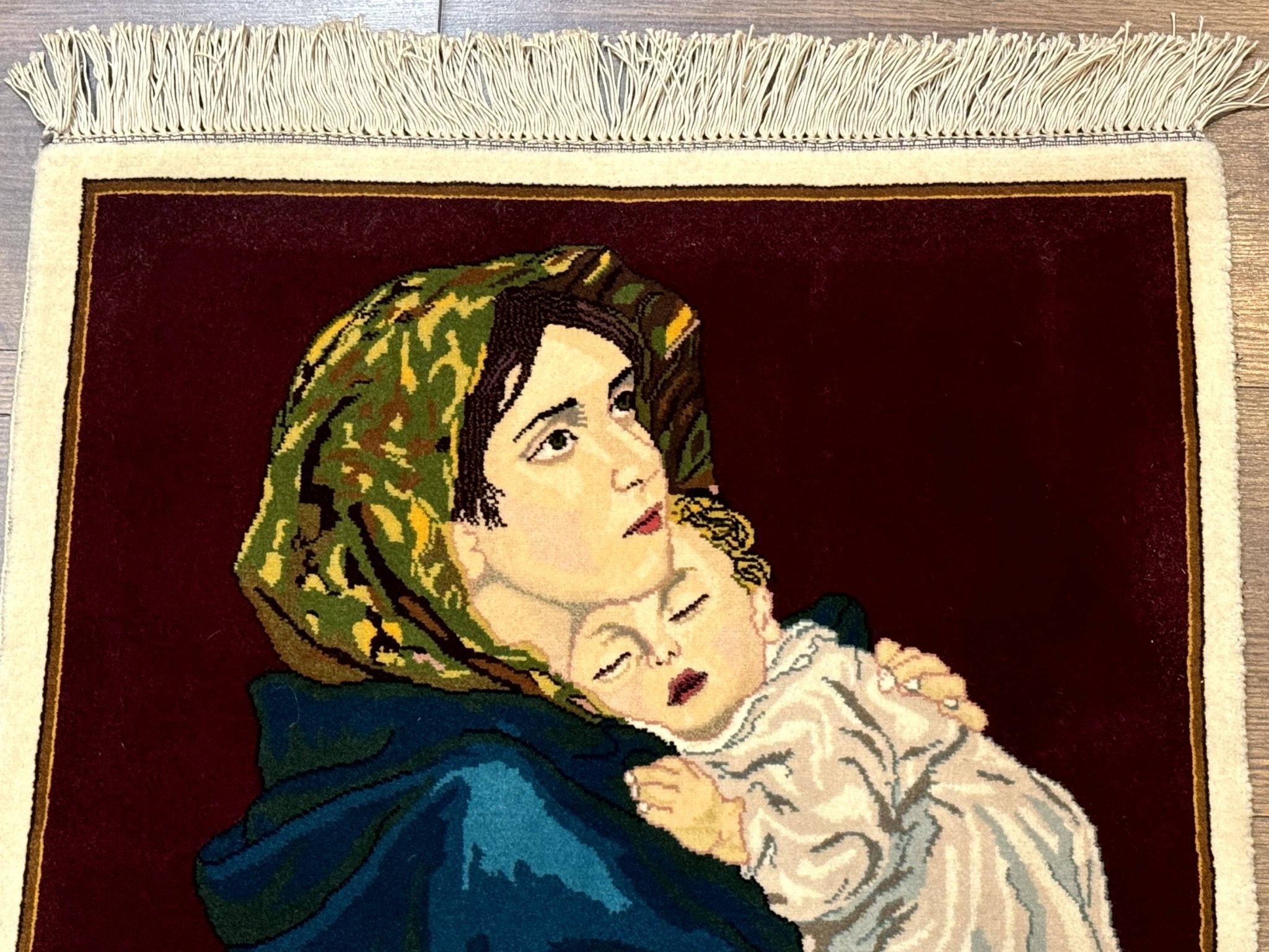 Small Persian Tabriz Pictorial Rug 2x2, Mother Holding Child, Very Fine 340 KPSI, Maroon - Jewel RugsShopify CollectiveHUNTEDFOX - Small Persian Tabriz Pictorial Rug 2x2, Mother Holding Child, Very Fine 340 KPSI, Maroon