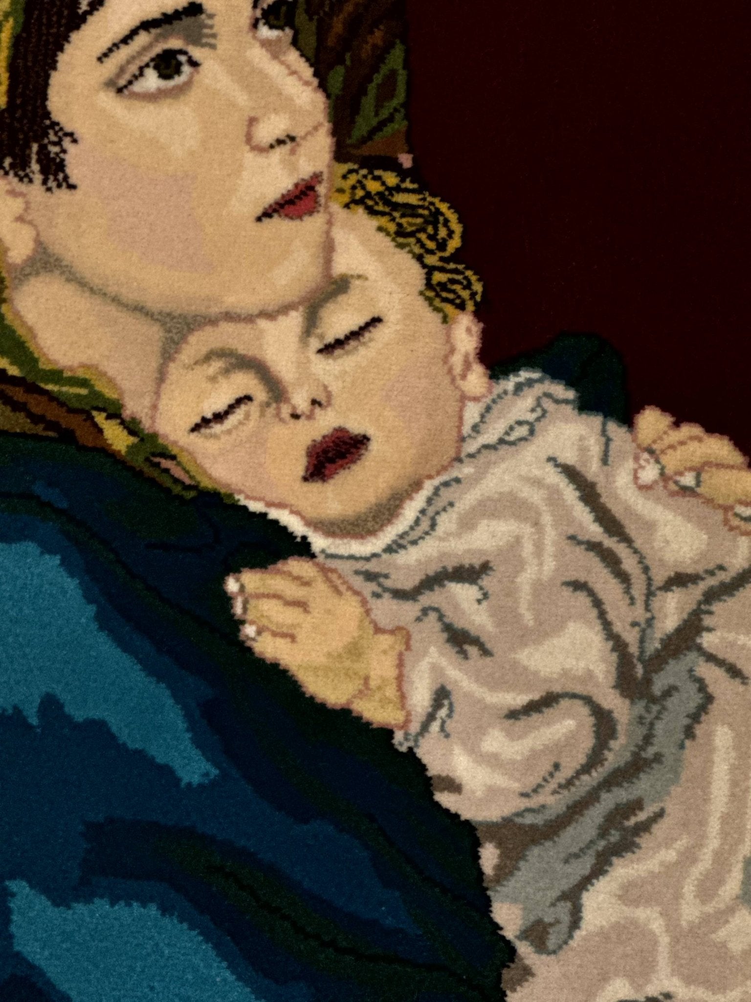 Small Persian Tabriz Pictorial Rug 2x2, Mother Holding Child, Very Fine 340 KPSI, Maroon - Jewel RugsShopify CollectiveHUNTEDFOX - Small Persian Tabriz Pictorial Rug 2x2, Mother Holding Child, Very Fine 340 KPSI, Maroon