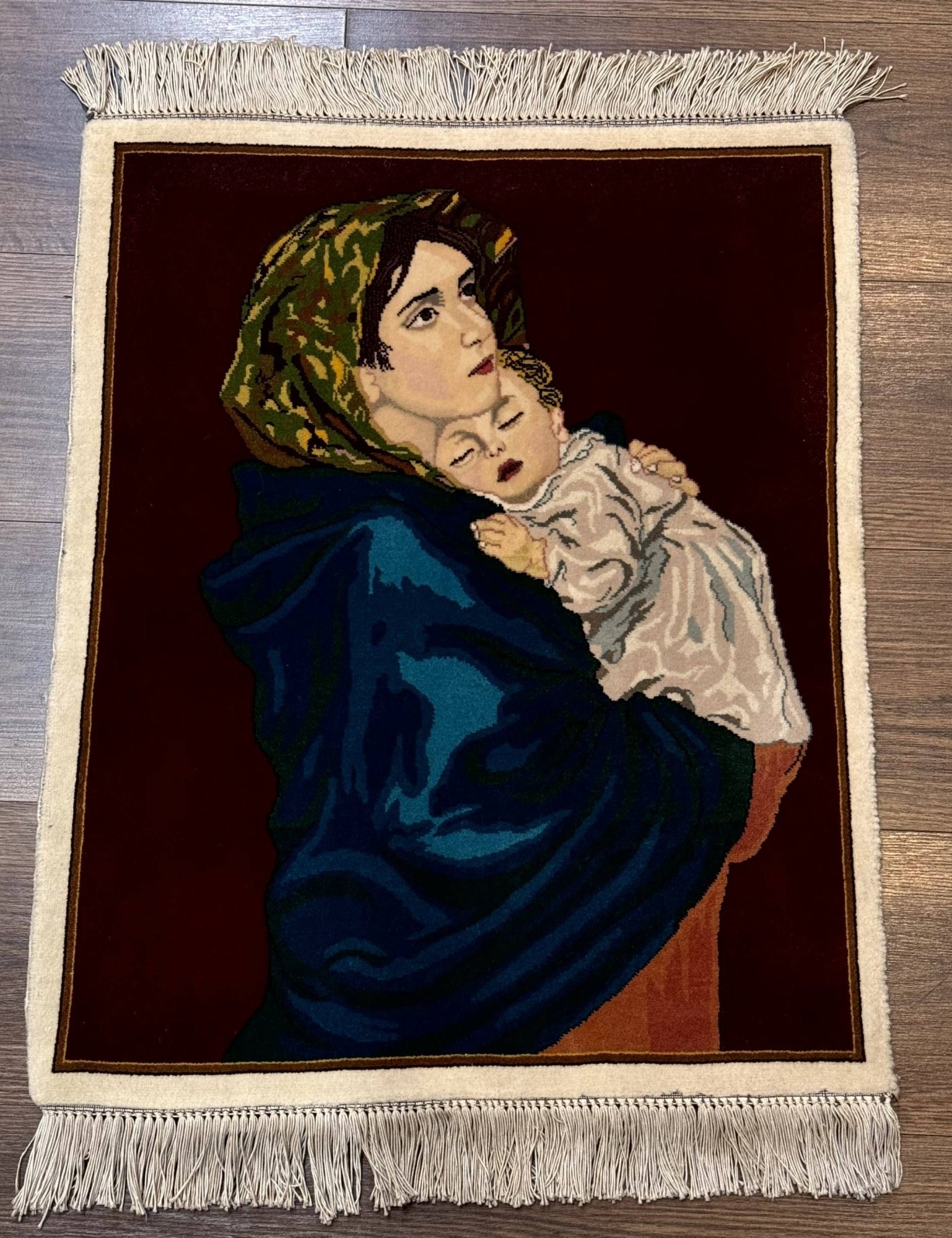 Small Persian Tabriz Pictorial Rug 2x2, Mother Holding Child, Very Fine 340 KPSI, Maroon - Jewel RugsShopify CollectiveHUNTEDFOX - Small Persian Tabriz Pictorial Rug 2x2, Mother Holding Child, Very Fine 340 KPSI, Maroon