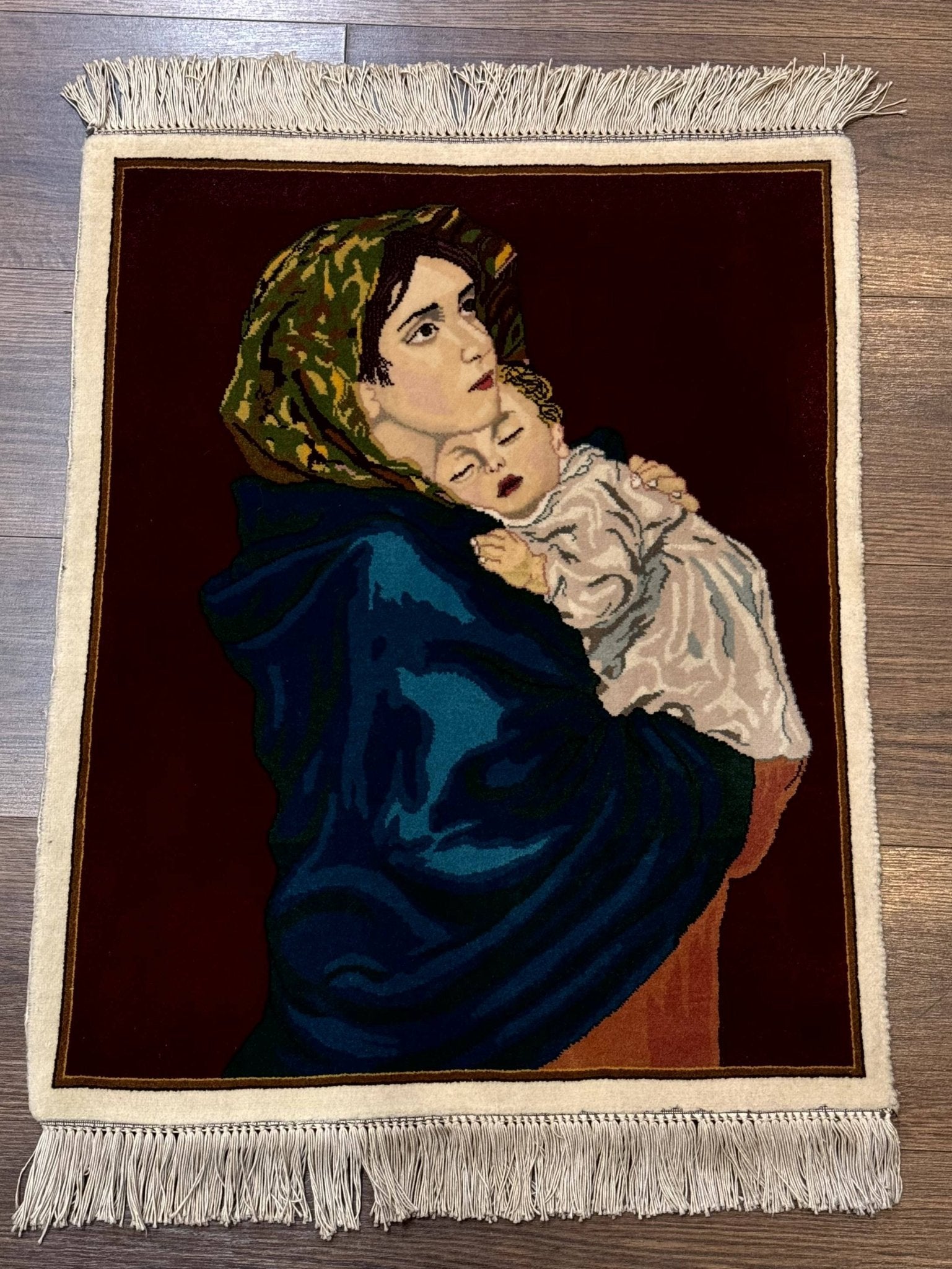 Small Persian Tabriz Pictorial Rug 2x2, Mother Holding Child, Very Fine 340 KPSI, Maroon - Jewel RugsShopify CollectiveHUNTEDFOX - Small Persian Tabriz Pictorial Rug 2x2, Mother Holding Child, Very Fine 340 KPSI, Maroon