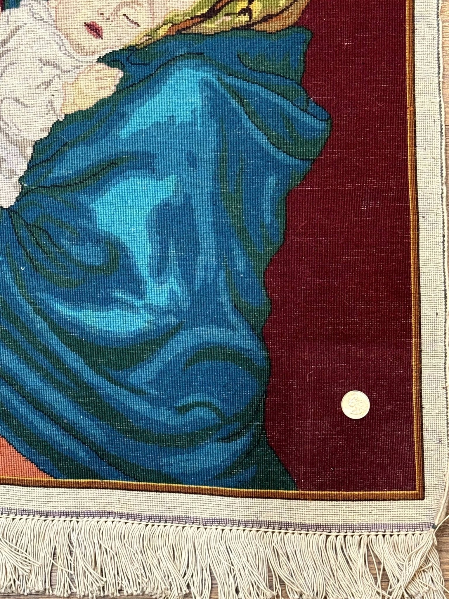 Small Persian Tabriz Pictorial Rug 2x2, Mother Holding Child, Very Fine 340 KPSI, Maroon - Jewel RugsShopify CollectiveHUNTEDFOX - Small Persian Tabriz Pictorial Rug 2x2, Mother Holding Child, Very Fine 340 KPSI, Maroon