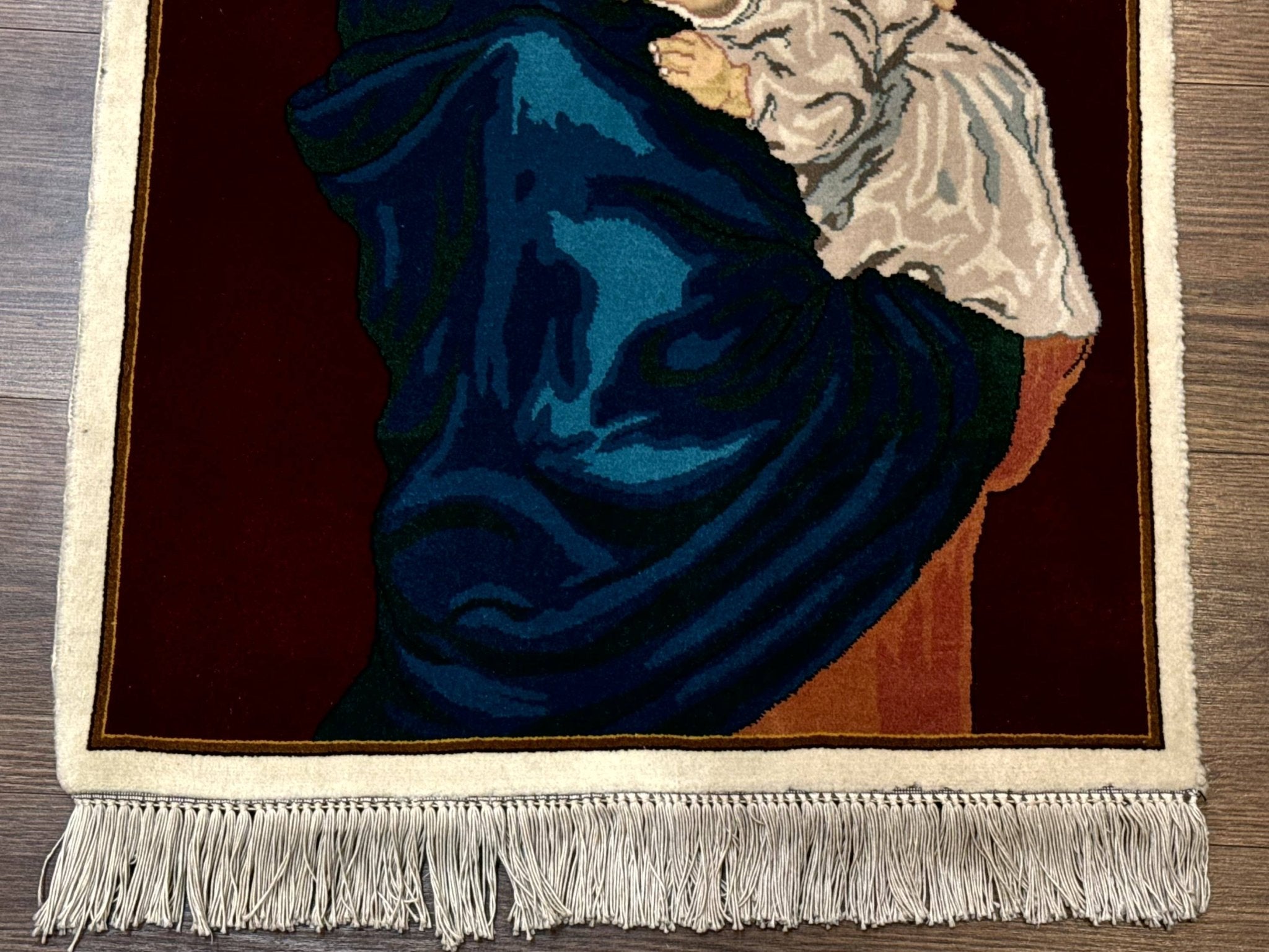 Small Persian Tabriz Pictorial Rug 2x2, Mother Holding Child, Very Fine 340 KPSI, Maroon - Jewel RugsShopify CollectiveHUNTEDFOX - Small Persian Tabriz Pictorial Rug 2x2, Mother Holding Child, Very Fine 340 KPSI, Maroon