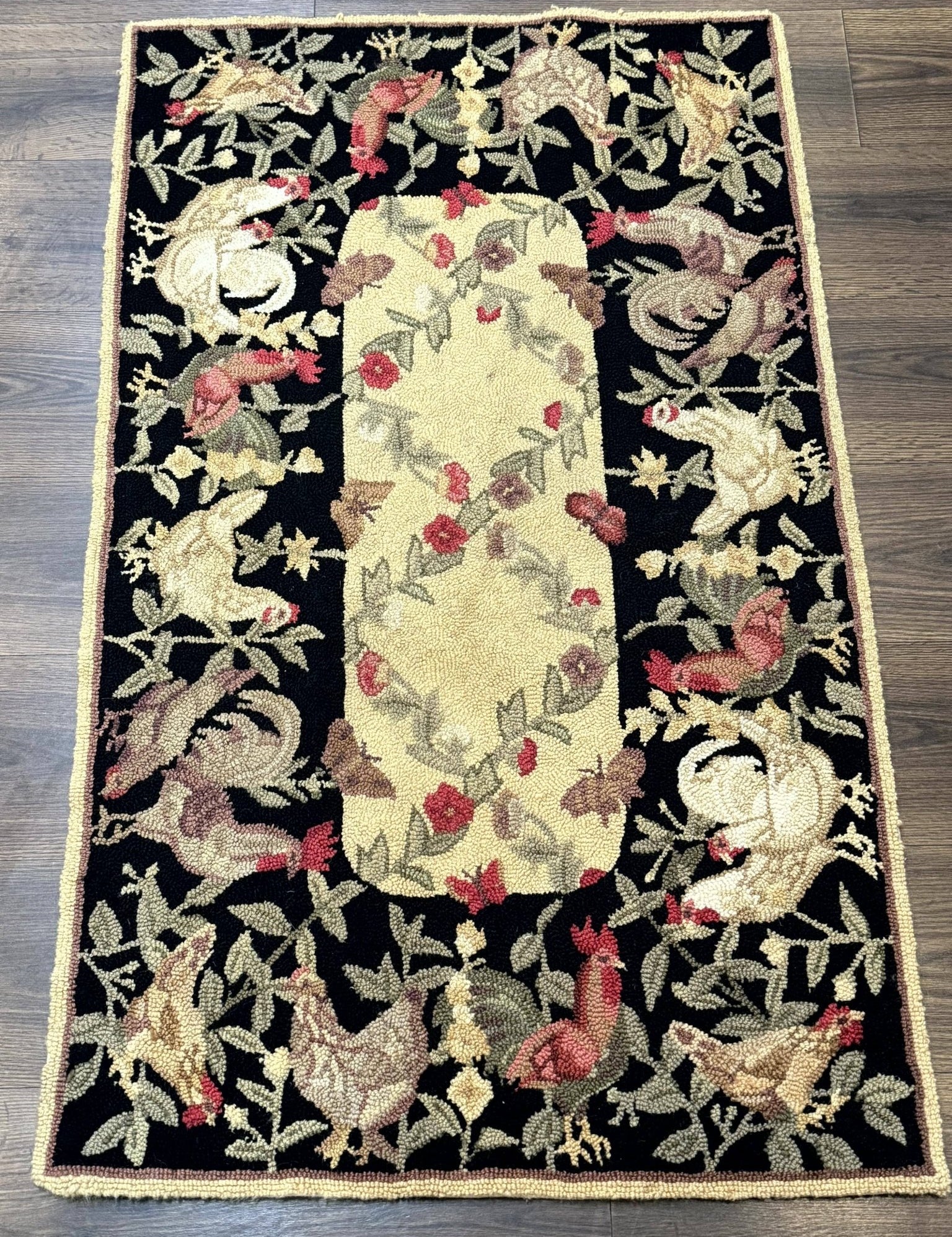 Small Vintage Hooked Rug, Roosters, Handmade, Wool - Jewel RugsShopify CollectiveHUNTEDFOX - Small Vintage Hooked Rug, Roosters, Handmade, Wool