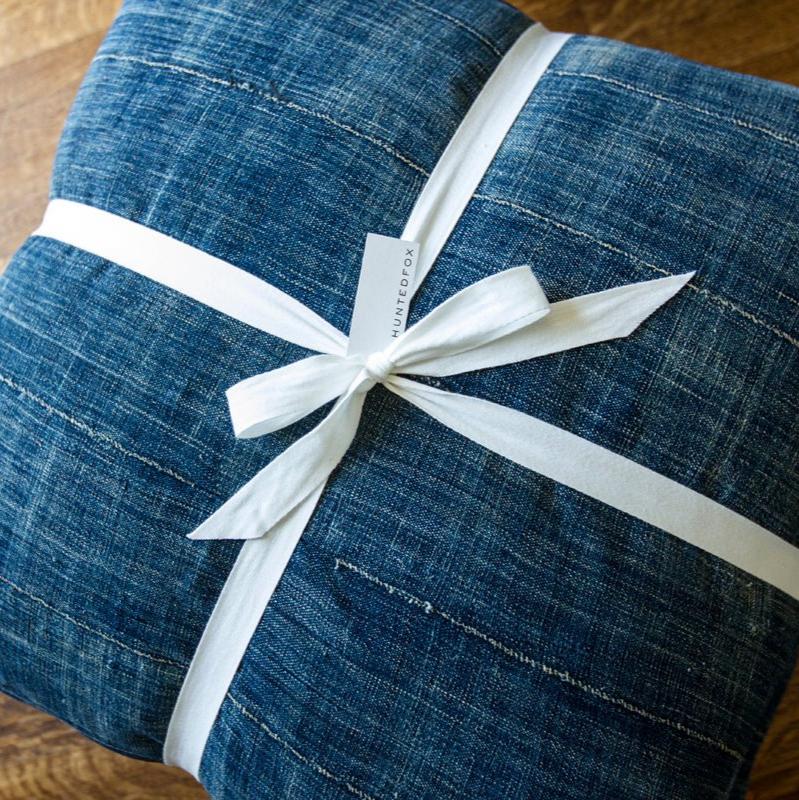 Solid Vintage African Indigo Throw Pillow Collection - BlueHUNTERINDIGO & SHIBORIHUNTEDFOX - dark blue vintage African indigo pillow with white bow