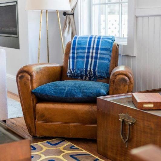 Solid Vintage African Indigo Throw Pillow Collection - BlueHUNTERINDIGO & SHIBORIHUNTEDFOX - vintage leather sofa with African indigo pillow and plaid throw