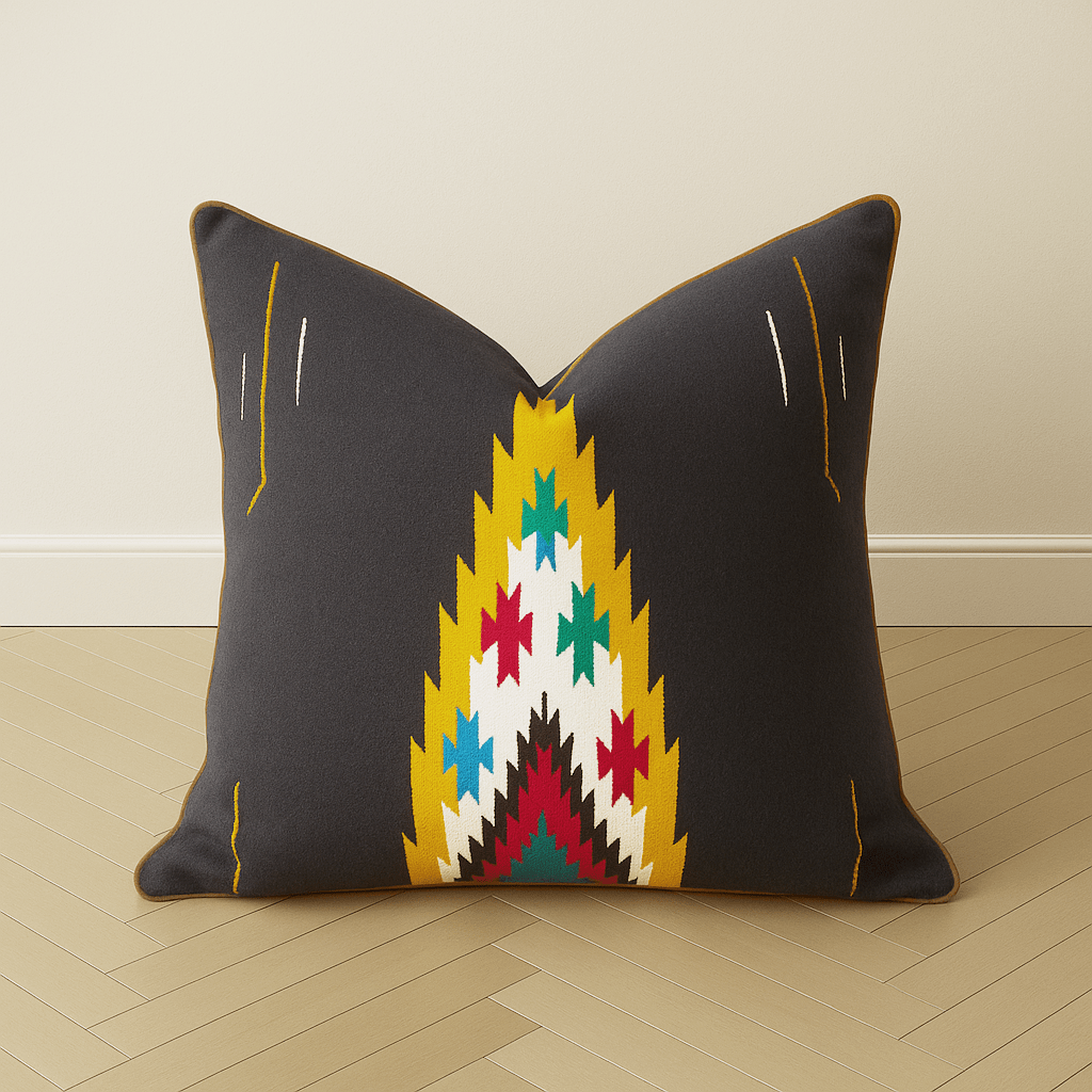 Southwestern Navajo Accent Pillow - BAJA CHICBlackhunterHUNTEDFOX - Decorative pillow with geometric pattern on a wooden floor