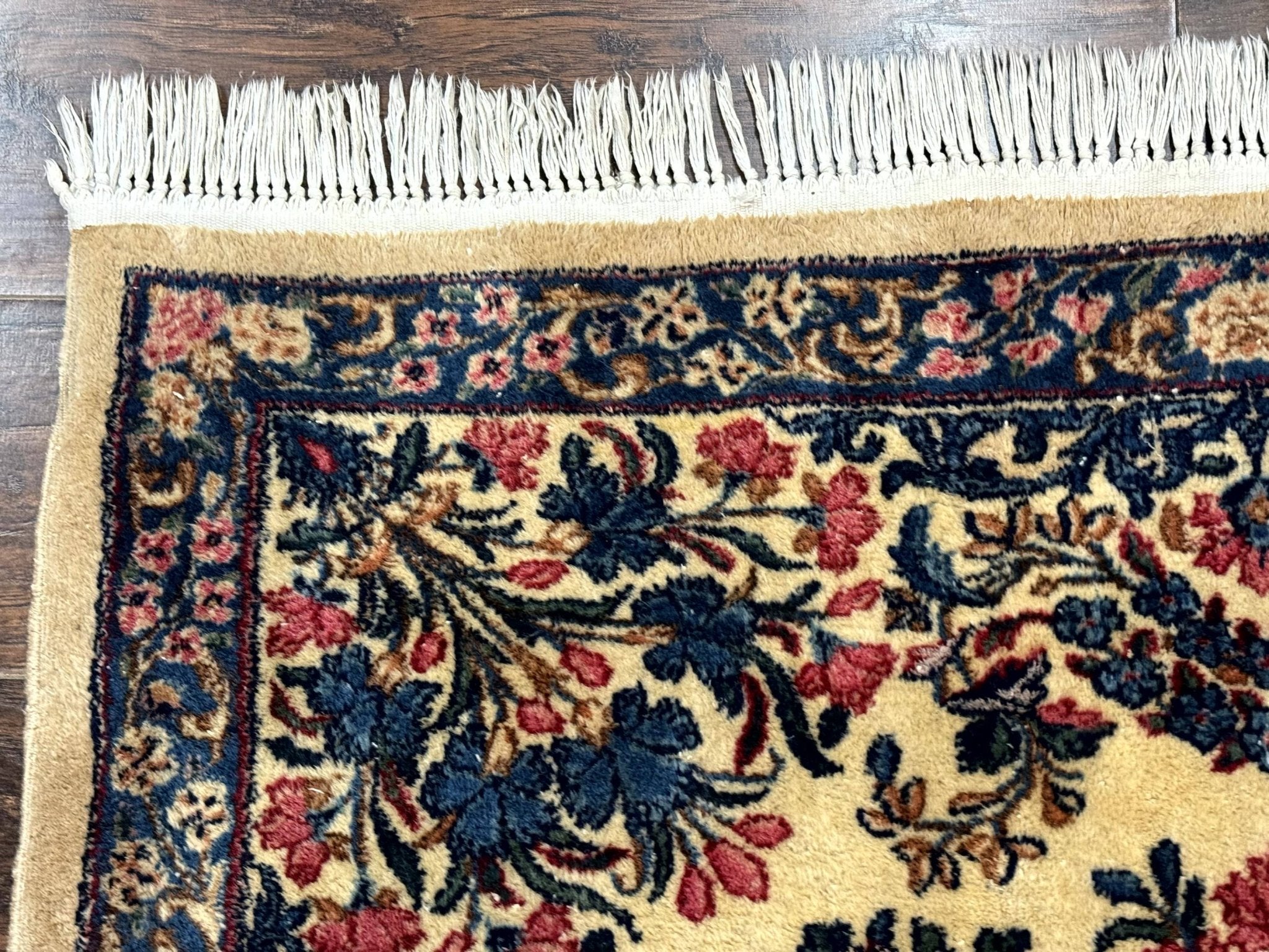 Square Persian Kerman Rug 4x4, Ivory Blue Pink, Handmade, Fine 225 KPSI - Jewel RugsShopify CollectiveHUNTEDFOX - Square Persian Kerman Rug 4x4, Ivory Blue Pink, Handmade, Fine 225 KPSI