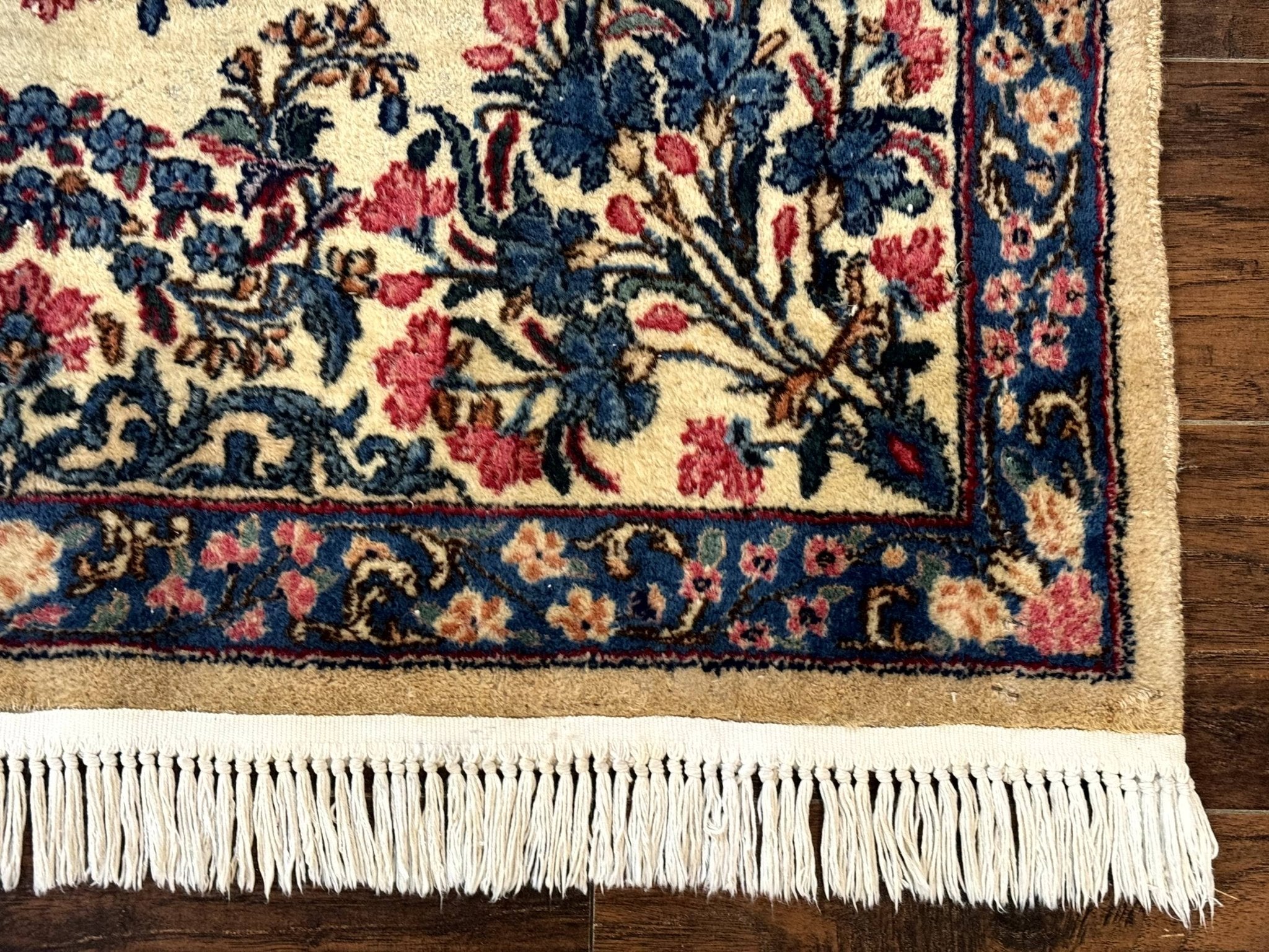 Square Persian Kerman Rug 4x4, Ivory Blue Pink, Handmade, Fine 225 KPSI - Jewel RugsShopify CollectiveHUNTEDFOX - Square Persian Kerman Rug 4x4, Ivory Blue Pink, Handmade, Fine 225 KPSI