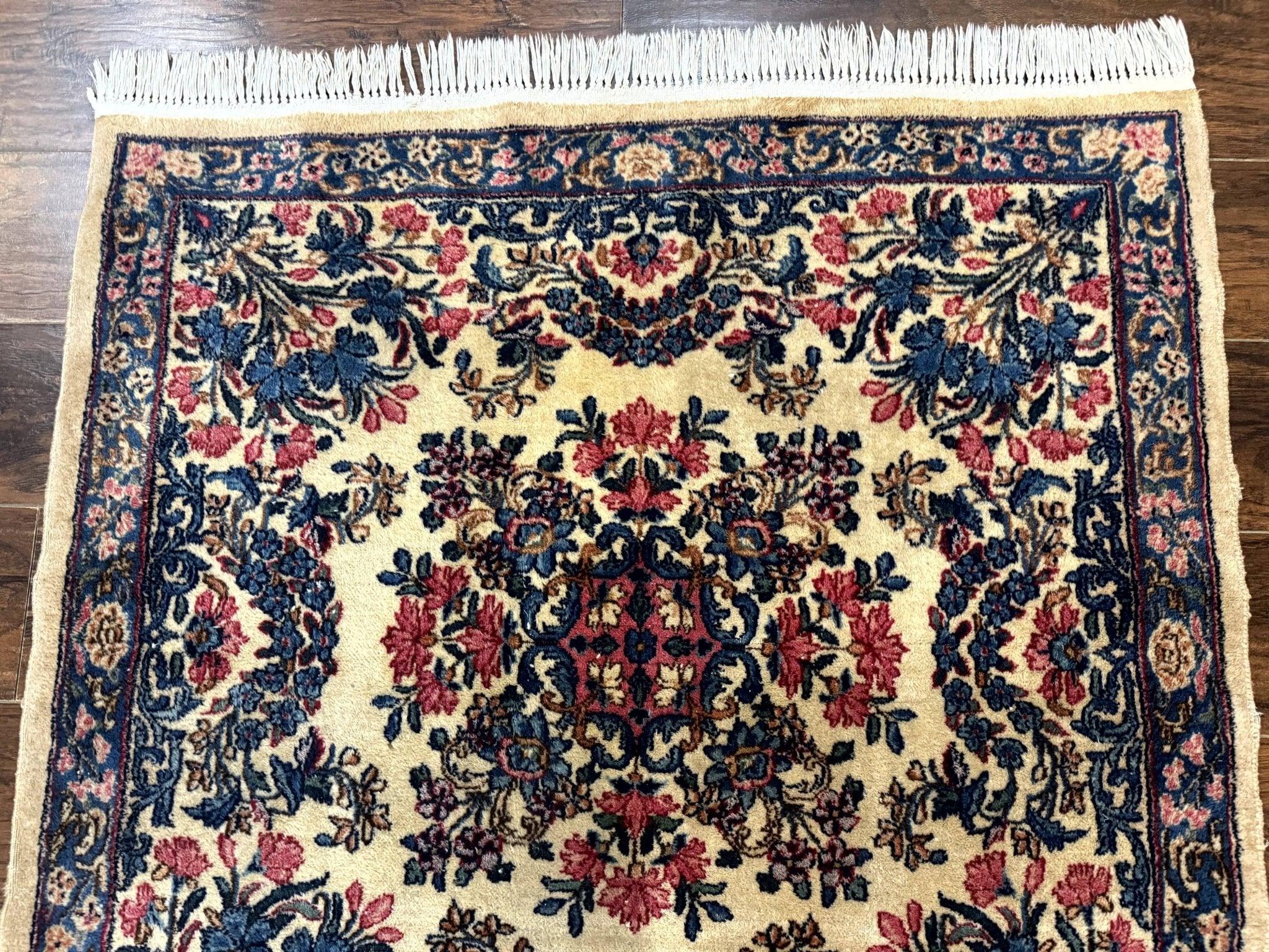 Square Persian Kerman Rug 4x4, Ivory Blue Pink, Handmade, Fine 225 KPSI - Jewel RugsShopify CollectiveHUNTEDFOX - Square Persian Kerman Rug 4x4, Ivory Blue Pink, Handmade, Fine 225 KPSI