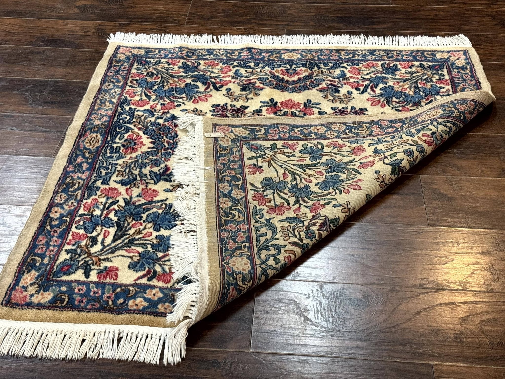 Square Persian Kerman Rug 4x4, Ivory Blue Pink, Handmade, Fine 225 KPSI - Jewel RugsShopify CollectiveHUNTEDFOX - Square Persian Kerman Rug 4x4, Ivory Blue Pink, Handmade, Fine 225 KPSI