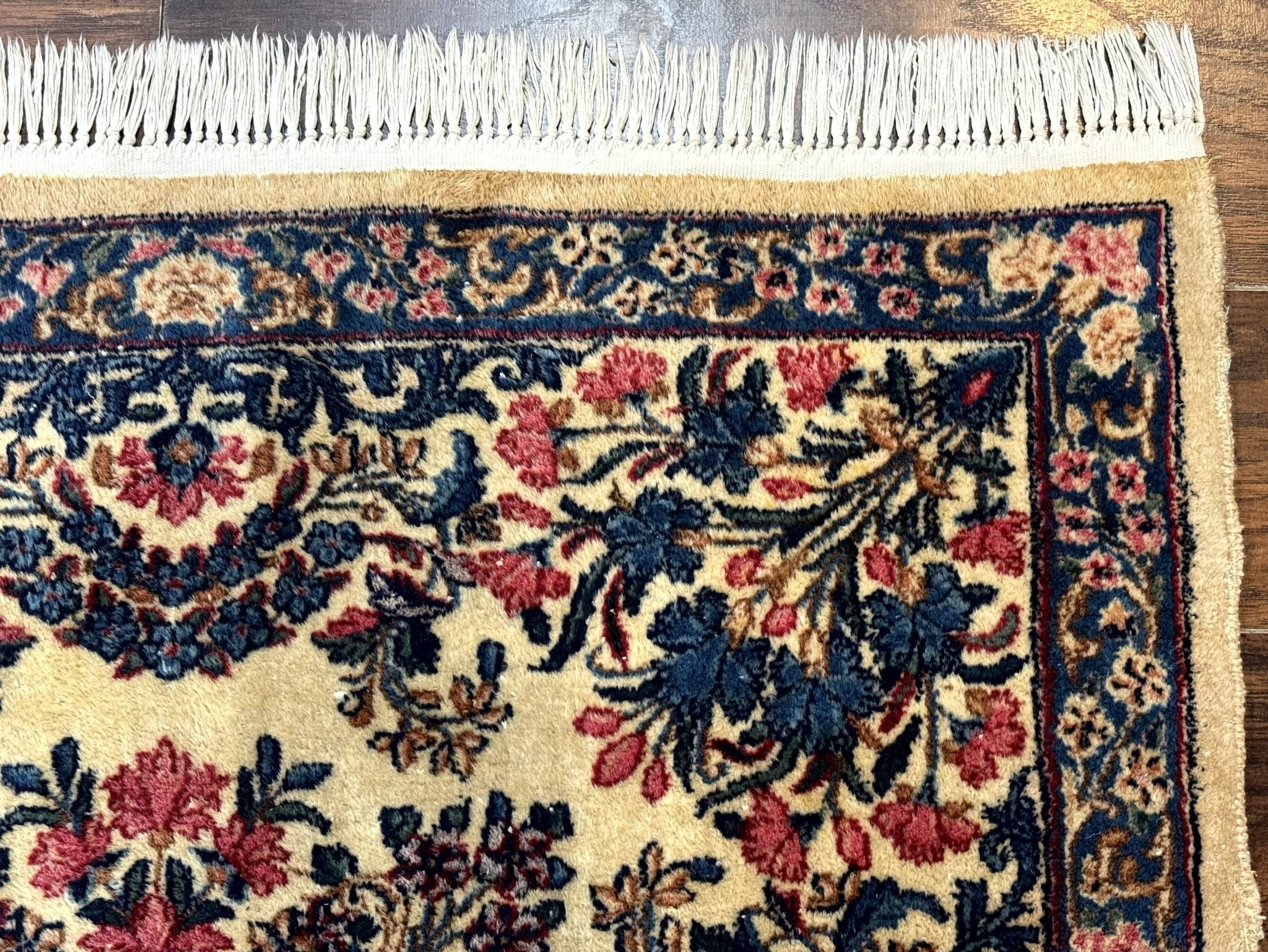 Square Persian Kerman Rug 4x4, Ivory Blue Pink, Handmade, Fine 225 KPSI - Jewel RugsShopify CollectiveHUNTEDFOX - Square Persian Kerman Rug 4x4, Ivory Blue Pink, Handmade, Fine 225 KPSI