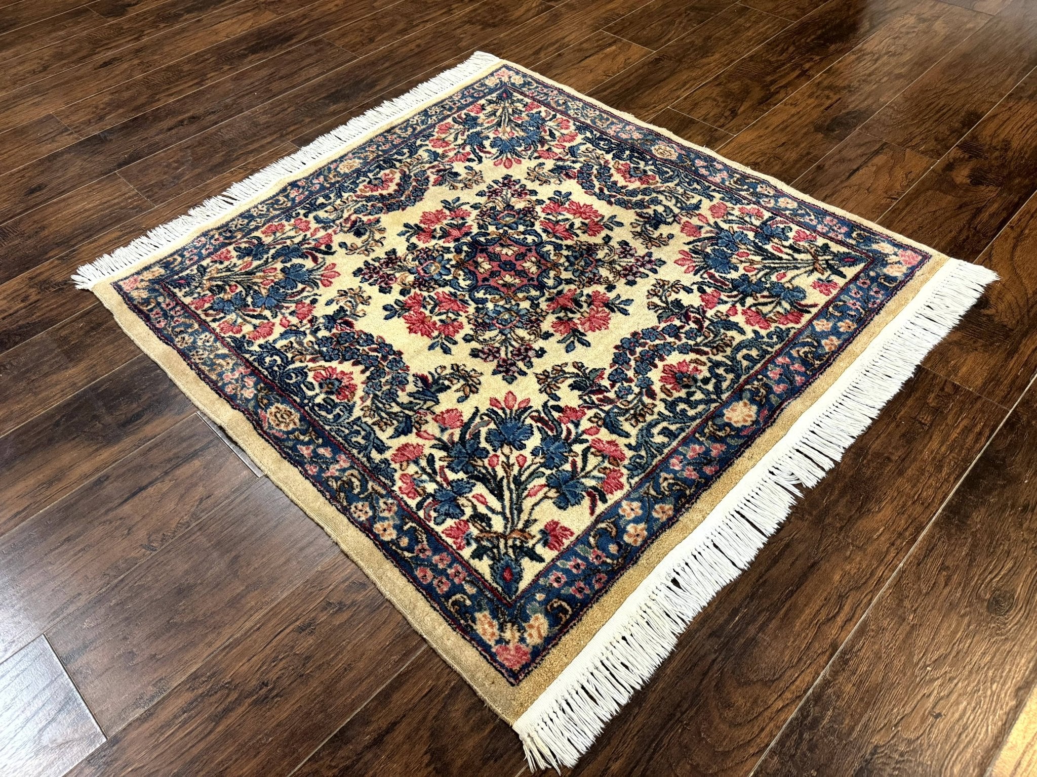 Square Persian Kerman Rug 4x4, Ivory Blue Pink, Handmade, Fine 225 KPSI - Jewel RugsShopify CollectiveHUNTEDFOX - Square Persian Kerman Rug 4x4, Ivory Blue Pink, Handmade, Fine 225 KPSI