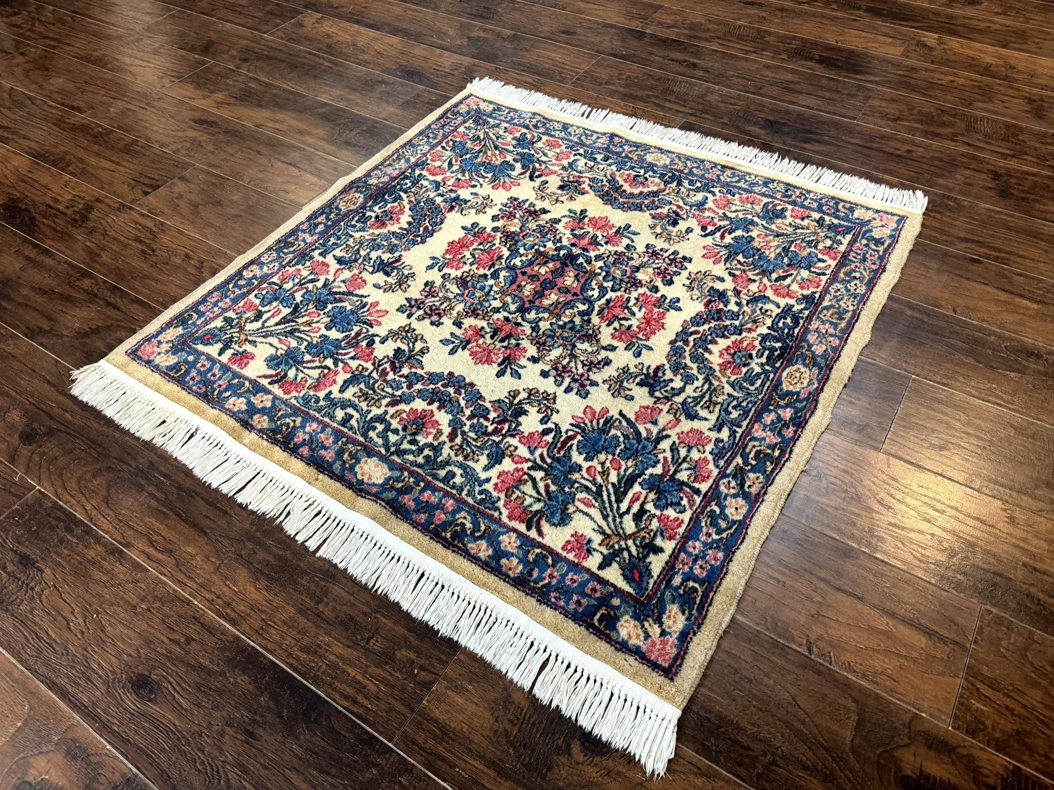 Square Persian Kerman Rug 4x4, Ivory Blue Pink, Handmade, Fine 225 KPSI - Jewel RugsShopify CollectiveHUNTEDFOX - Square Persian Kerman Rug 4x4, Ivory Blue Pink, Handmade, Fine 225 KPSI