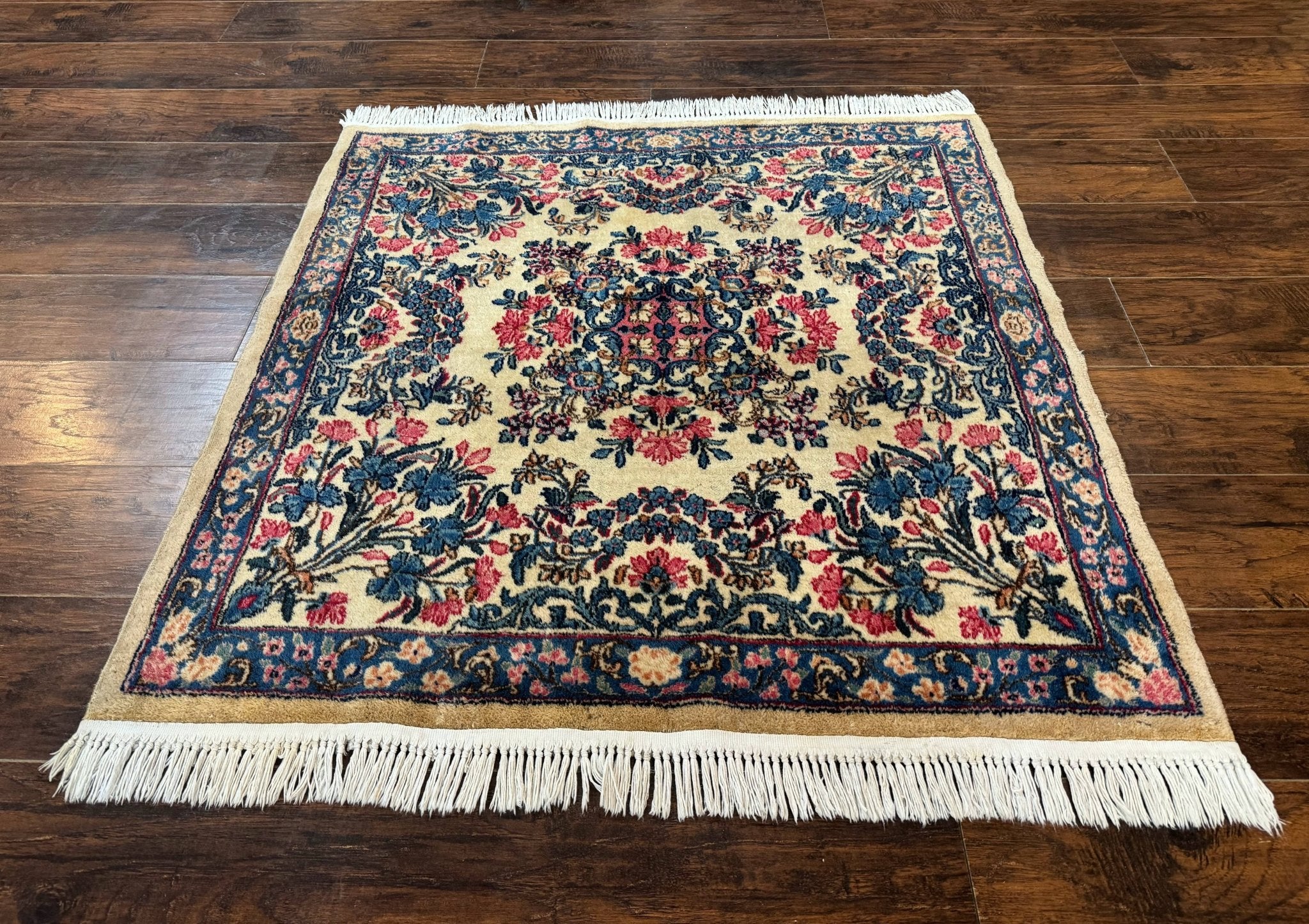 Square Persian Kerman Rug 4x4, Ivory Blue Pink, Handmade, Fine 225 KPSI - Jewel RugsShopify CollectiveHUNTEDFOX - Square Persian Kerman Rug 4x4, Ivory Blue Pink, Handmade, Fine 225 KPSI