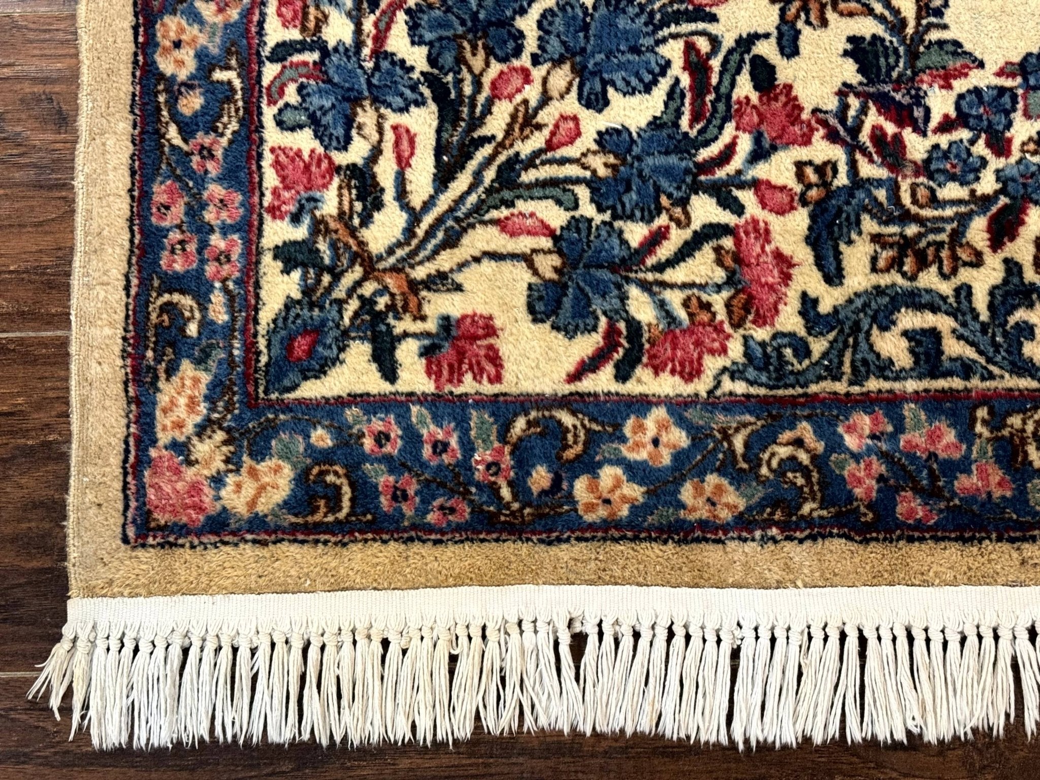 Square Persian Kerman Rug 4x4, Ivory Blue Pink, Handmade, Fine 225 KPSI - Jewel RugsShopify CollectiveHUNTEDFOX - Square Persian Kerman Rug 4x4, Ivory Blue Pink, Handmade, Fine 225 KPSI