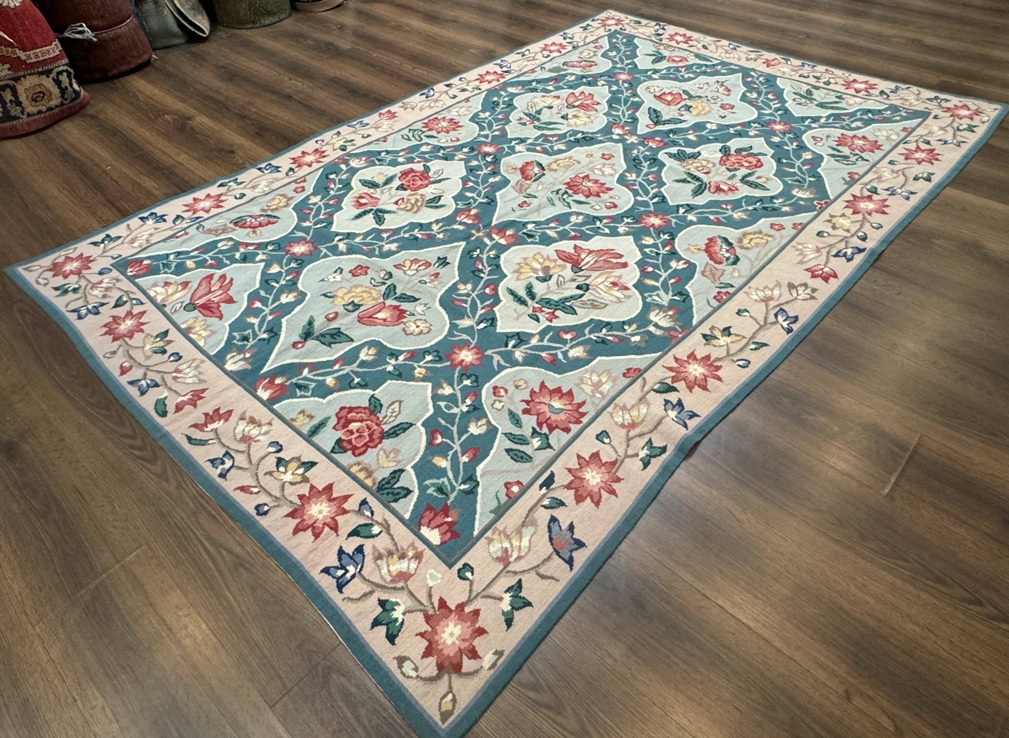 Teal Needlepoint Rug 6x9, Panel Design, Floral Bouquets, Handmade - Jewel RugsShopify CollectiveHUNTEDFOX - Teal Needlepoint Rug 6x9, Panel Design, Floral Bouquets, Handmade