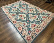 Teal Needlepoint Rug 6x9, Panel Design, Floral Bouquets, Handmade - Jewel RugsShopify CollectiveHUNTEDFOX - Teal Needlepoint Rug 6x9, Panel Design, Floral Bouquets, Handmade