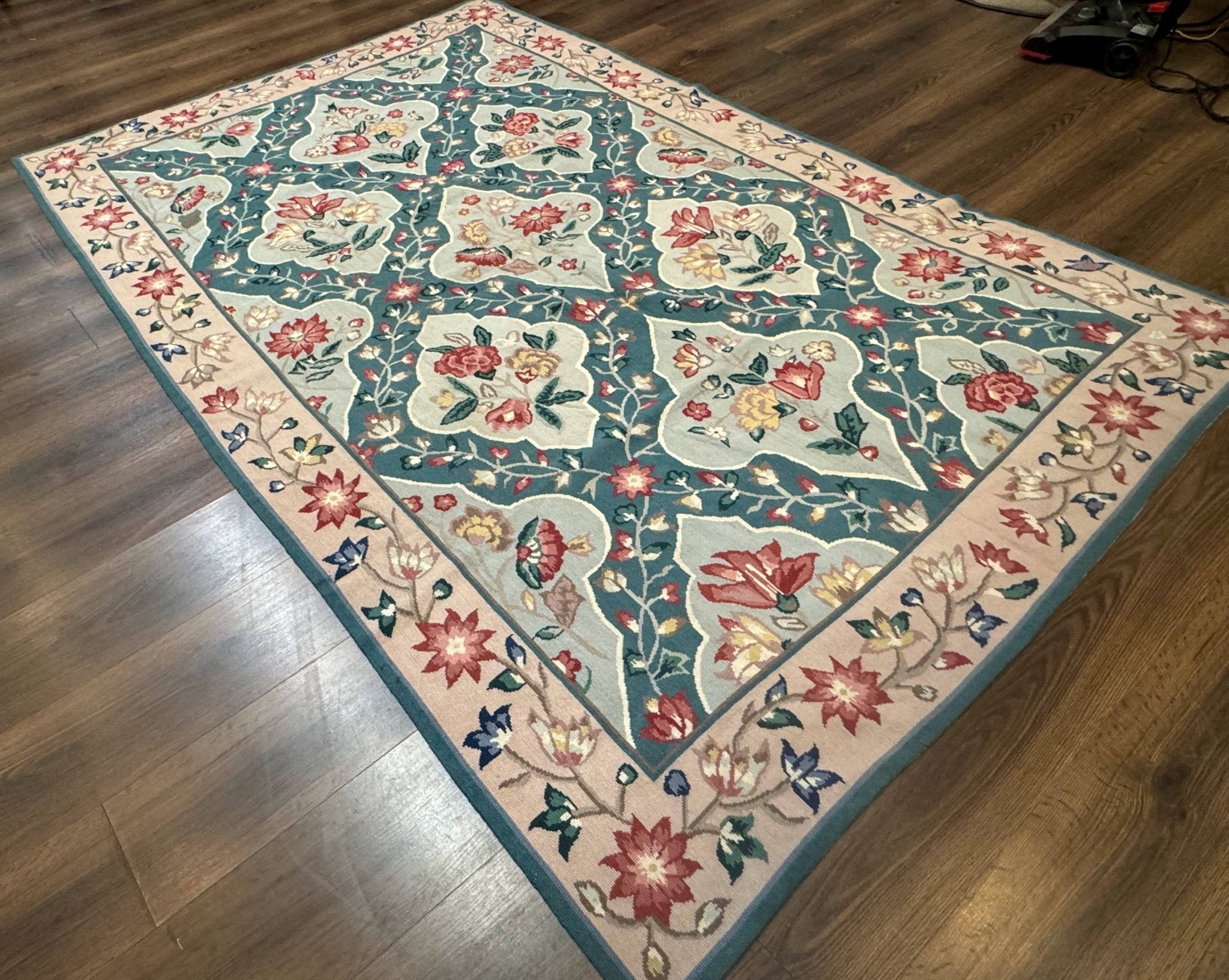 Teal Needlepoint Rug 6x9, Panel Design, Floral Bouquets, Handmade - Jewel RugsShopify CollectiveHUNTEDFOX - Teal Needlepoint Rug 6x9, Panel Design, Floral Bouquets, Handmade
