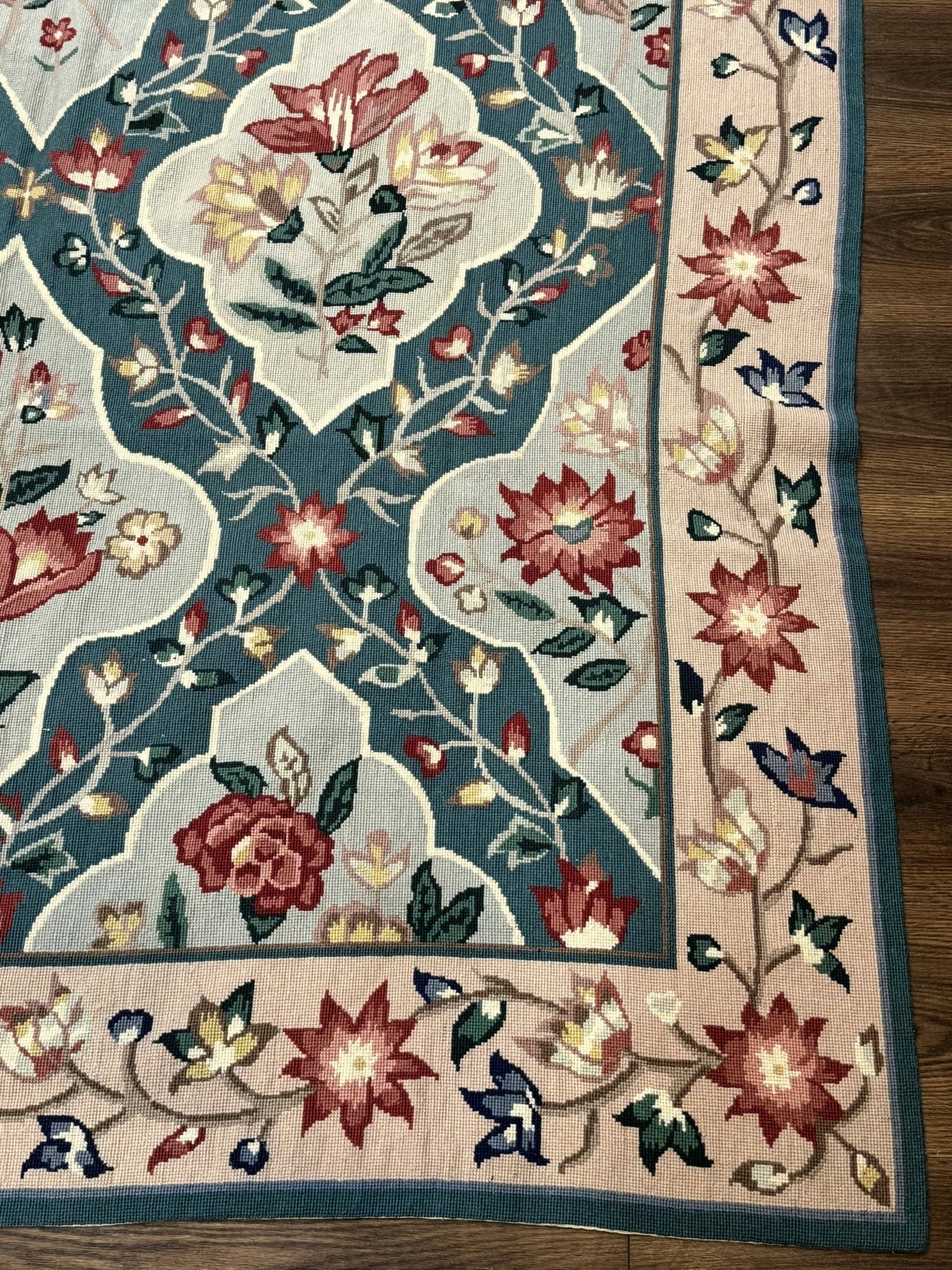 Teal Needlepoint Rug 6x9, Panel Design, Floral Bouquets, Handmade - Jewel RugsShopify CollectiveHUNTEDFOX - Teal Needlepoint Rug 6x9, Panel Design, Floral Bouquets, Handmade