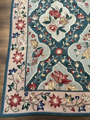 Teal Needlepoint Rug 6x9, Panel Design, Floral Bouquets, Handmade - Jewel RugsShopify CollectiveHUNTEDFOX - Teal Needlepoint Rug 6x9, Panel Design, Floral Bouquets, Handmade
