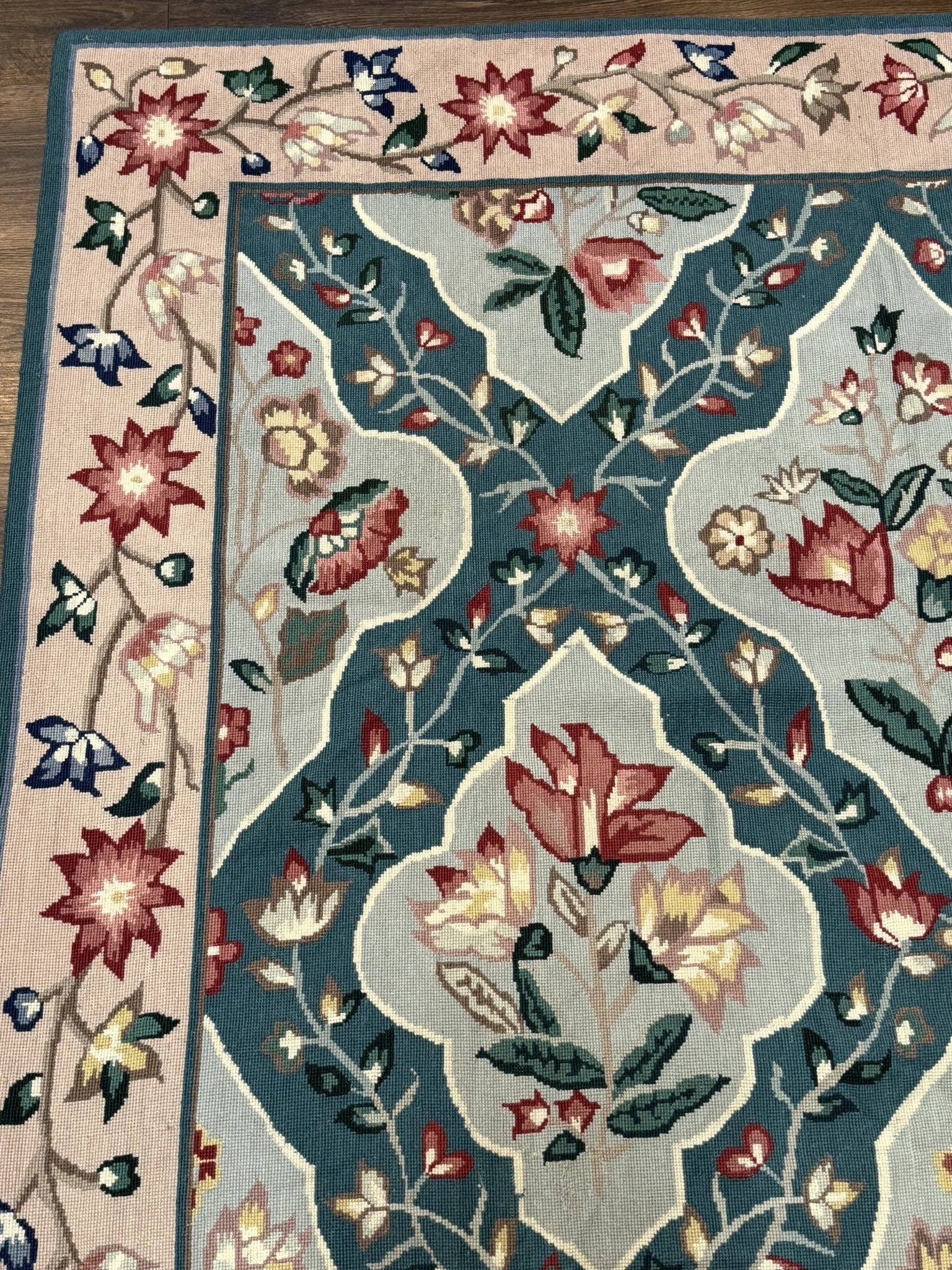 Teal Needlepoint Rug 6x9, Panel Design, Floral Bouquets, Handmade - Jewel RugsShopify CollectiveHUNTEDFOX - Teal Needlepoint Rug 6x9, Panel Design, Floral Bouquets, Handmade