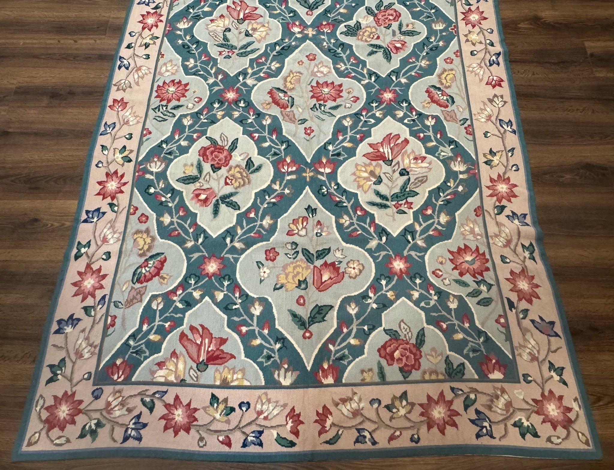 Teal Needlepoint Rug 6x9, Panel Design, Floral Bouquets, Handmade - Jewel RugsShopify CollectiveHUNTEDFOX - Teal Needlepoint Rug 6x9, Panel Design, Floral Bouquets, Handmade
