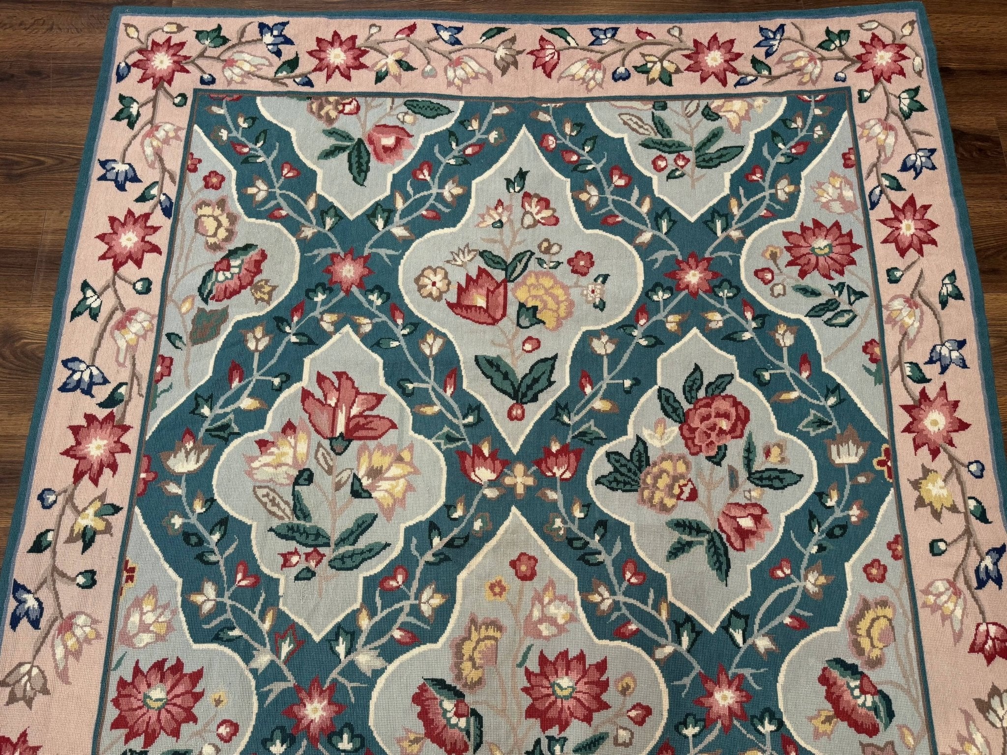 Teal Needlepoint Rug 6x9, Panel Design, Floral Bouquets, Handmade - Jewel RugsShopify CollectiveHUNTEDFOX - Teal Needlepoint Rug 6x9, Panel Design, Floral Bouquets, Handmade