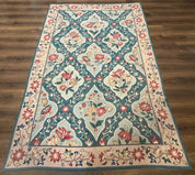 Teal Needlepoint Rug 6x9, Panel Design, Floral Bouquets, Handmade - Jewel RugsShopify CollectiveHUNTEDFOX - Teal Needlepoint Rug 6x9, Panel Design, Floral Bouquets, Handmade
