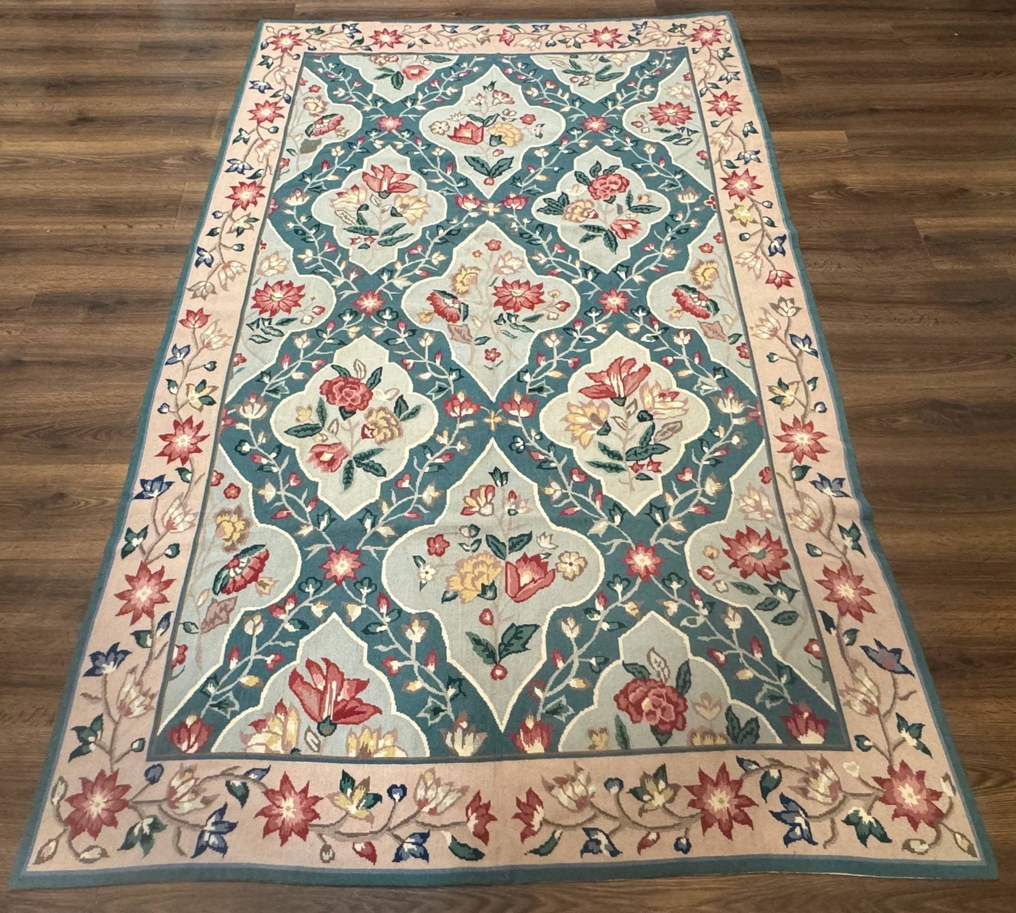 Teal Needlepoint Rug 6x9, Panel Design, Floral Bouquets, Handmade - Jewel RugsShopify CollectiveHUNTEDFOX - Teal Needlepoint Rug 6x9, Panel Design, Floral Bouquets, Handmade