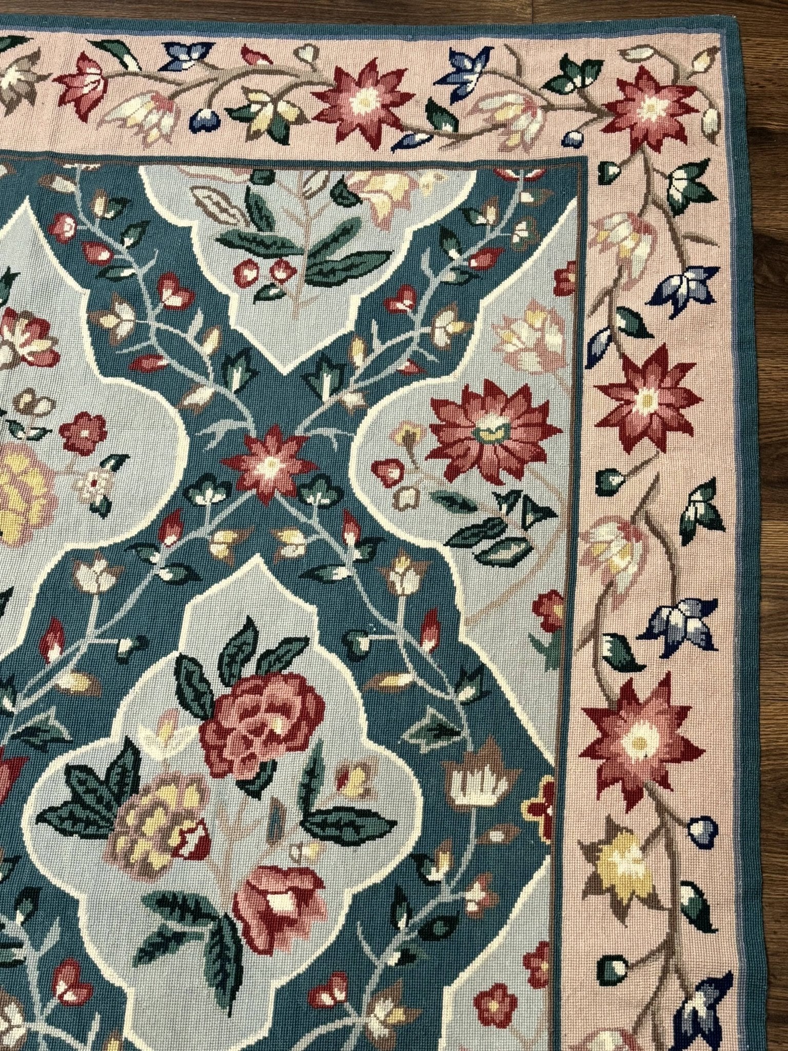 Teal Needlepoint Rug 6x9, Panel Design, Floral Bouquets, Handmade - Jewel RugsShopify CollectiveHUNTEDFOX - Teal Needlepoint Rug 6x9, Panel Design, Floral Bouquets, Handmade