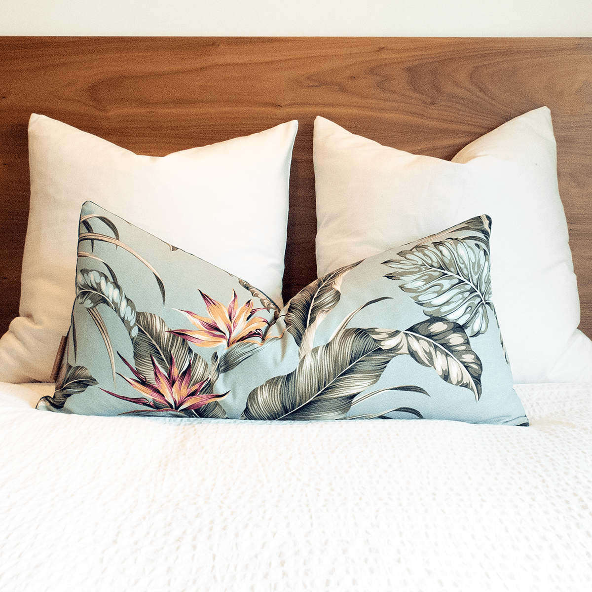 Tropical Pillow | Modern Boho Sage - botanicalCROSSCHECKGreenHUNTEDFOX - Sage Tropical Pillow on modern bed with white bedding