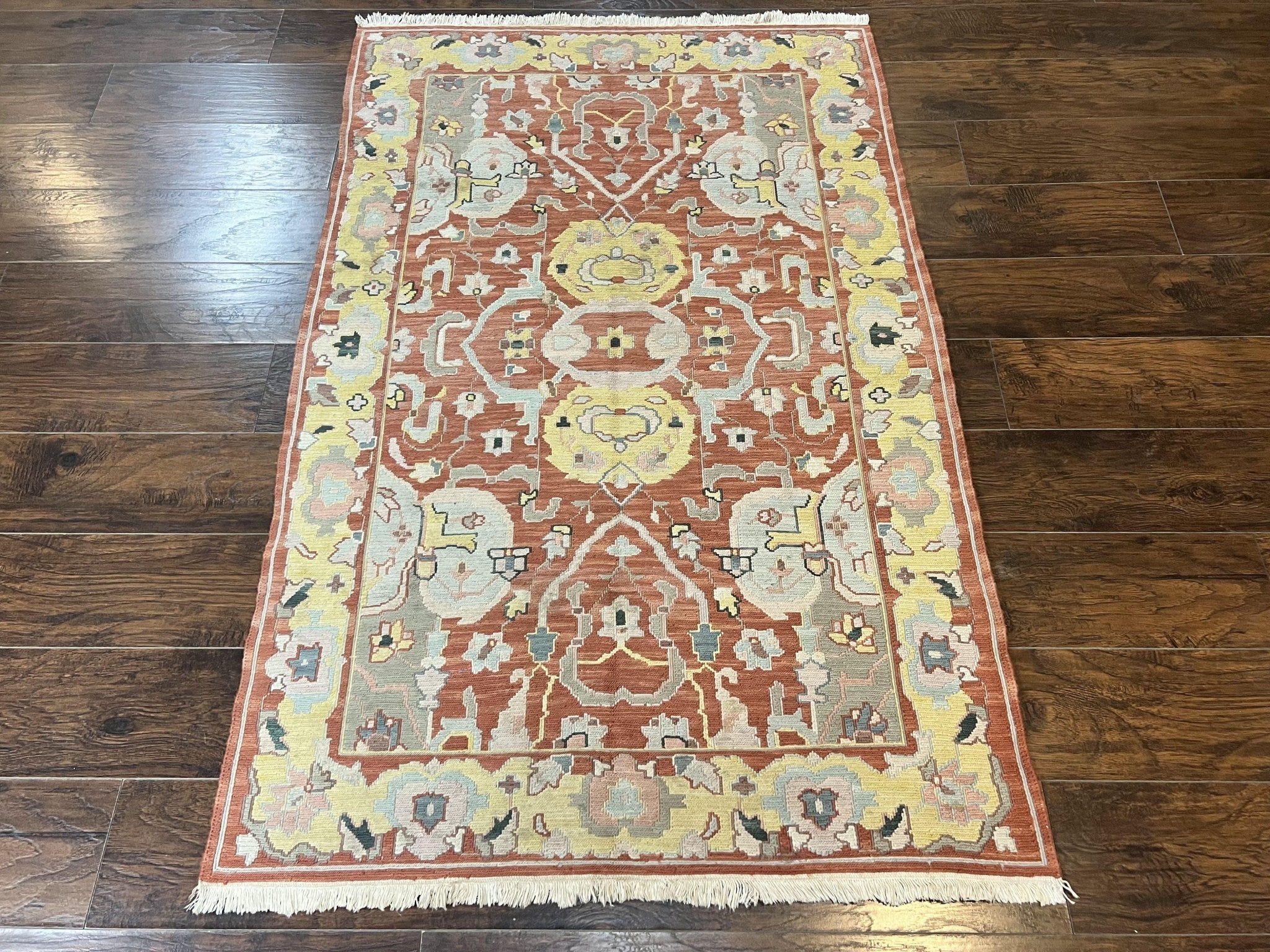 Turkish Flatweave Kilim Rug 4x6, Geometric Wool Handmade Carpet, Vintage - Jewel RugsShopify CollectiveHUNTEDFOX - Turkish Flatweave Kilim Rug 4x6, Geometric Wool Handmade Carpet, Vintage