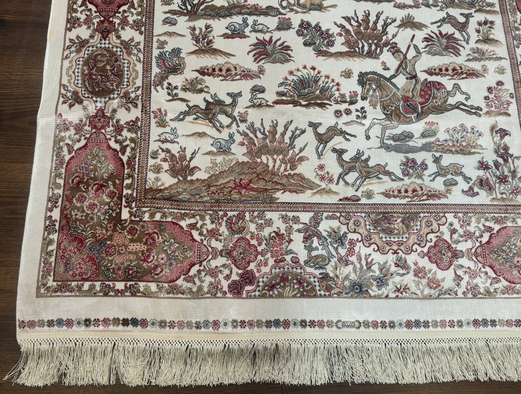 Turkish Silk Hunting Scene Rug 4x6, Ivory, Bamboo Silk, New - Jewel RugsShopify CollectiveHUNTEDFOX - Turkish Silk Hunting Scene Rug 4x6, Ivory, Bamboo Silk, New