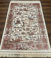 Turkish Silk Hunting Scene Rug 4x6, Ivory, Bamboo Silk, New - Jewel RugsShopify CollectiveHUNTEDFOX - Turkish Silk Hunting Scene Rug 4x6, Ivory, Bamboo Silk, New