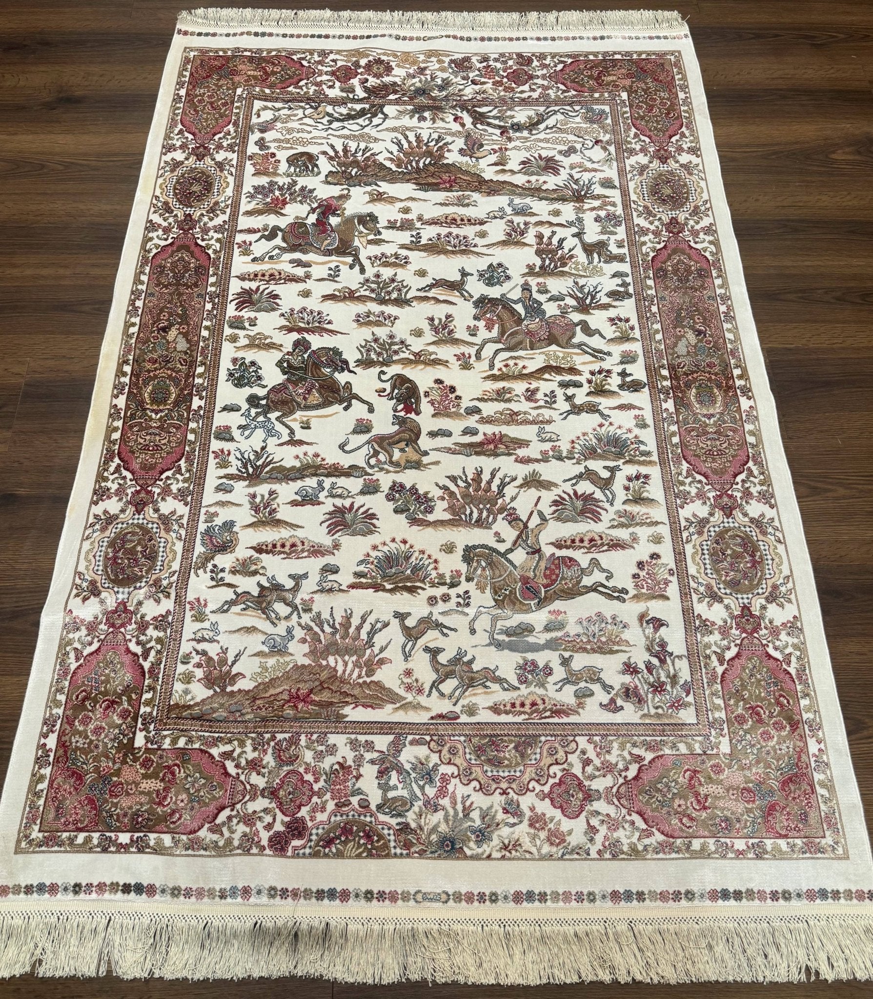 Turkish Silk Hunting Scene Rug 4x6, Ivory, Bamboo Silk, New - Jewel RugsShopify CollectiveHUNTEDFOX - Turkish Silk Hunting Scene Rug 4x6, Ivory, Bamboo Silk, New